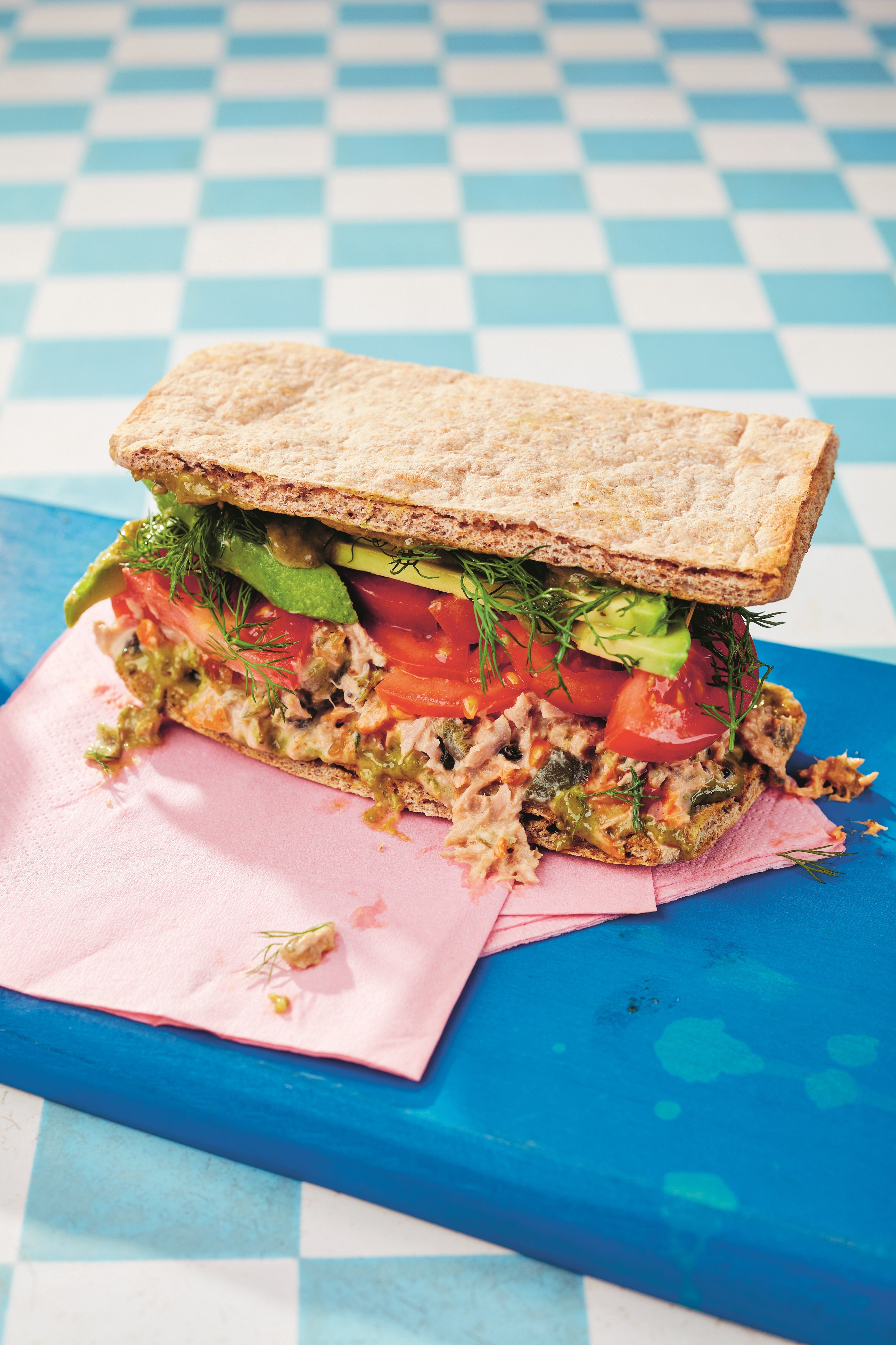 A homemade take on the cult airport sandwich, with tuna, pesto, avocado and a little jalapeno heat