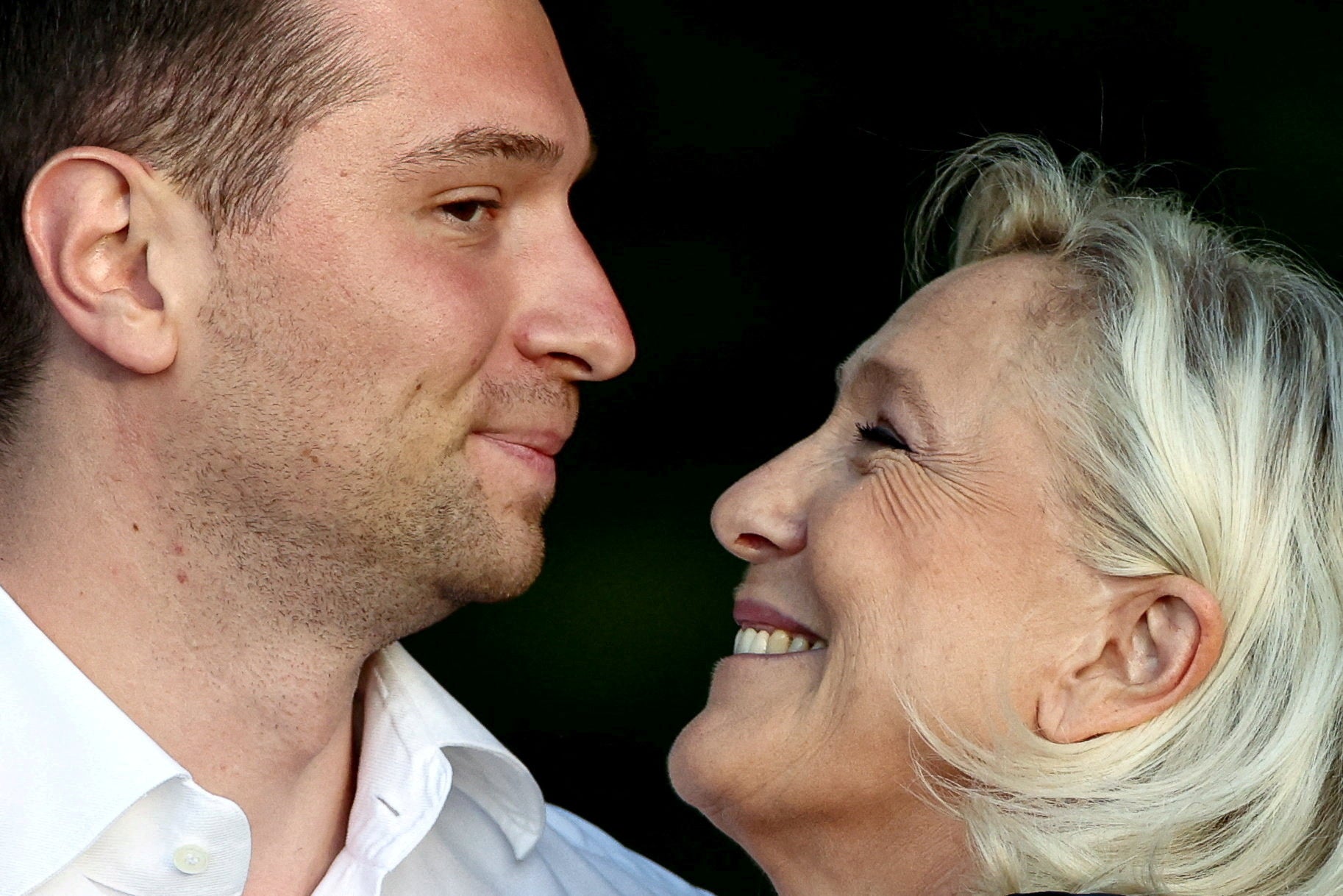 French far-right leader Marine Le Pen and Jordan Bardella, president of the French far-right Rassemblement National (National Rally - RN) political party