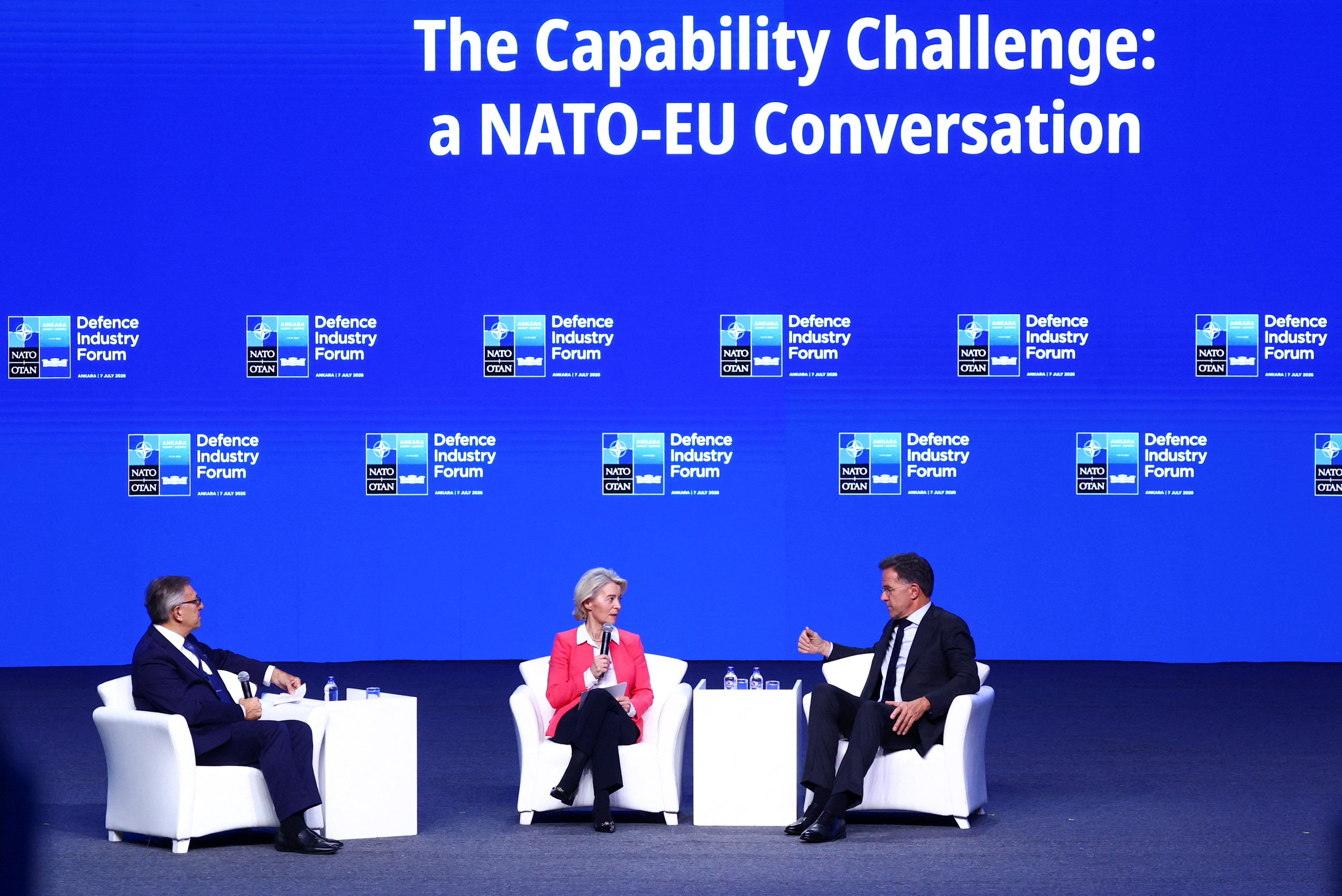 European Commission President Ursula von der Leyen, Chairman of the Centre for Economics and Foreign Policy Studies (EDAM) Tacan Ildem and Nato Secretary General Mark Rutte attend the panel ‘The Capability Challenge: a Nato and EU conversation’ at the Nato Summit Defence Industry Forum, on the sidelines of the Nato leaders' Summit, in Ankara, Turkey, July 7, 2026. (Reuters)