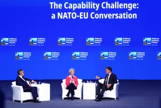 European Commission President Ursula von der Leyen, Chairman of the Centre for Economics and Foreign Policy Studies (EDAM) Tacan Ildem and Nato Secretary General Mark Rutte attend the panel ‘The Capability Challenge: a Nato and EU conversation’ at the Nato Summit Defence Industry Forum, on the sidelines of the Nato leaders' Summit, in Ankara, Turkey, July 7, 2026.
