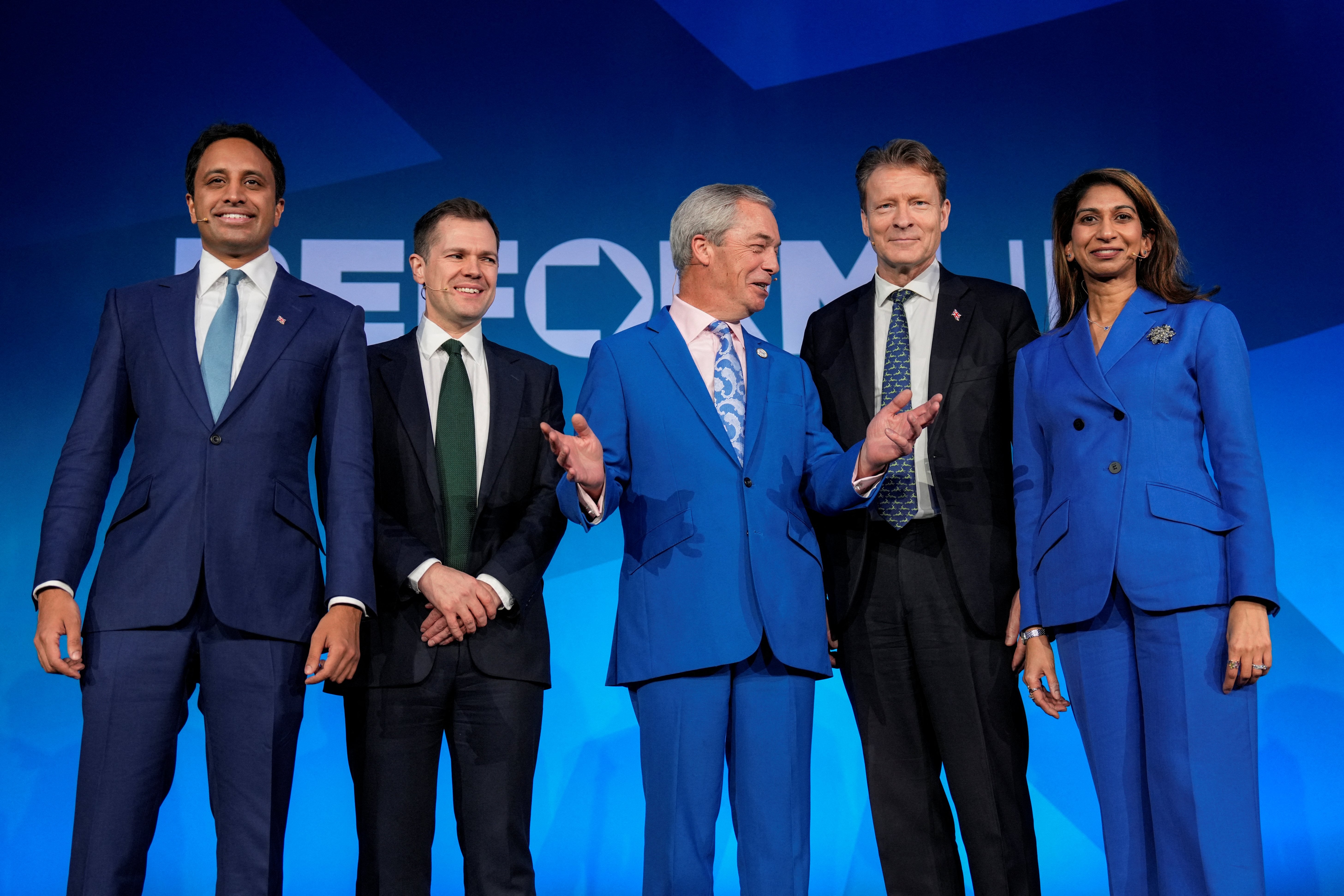 Farage with (L-R) Zia Yusef, Robert Jenrick and Richard Tice as well as Suella Braverman