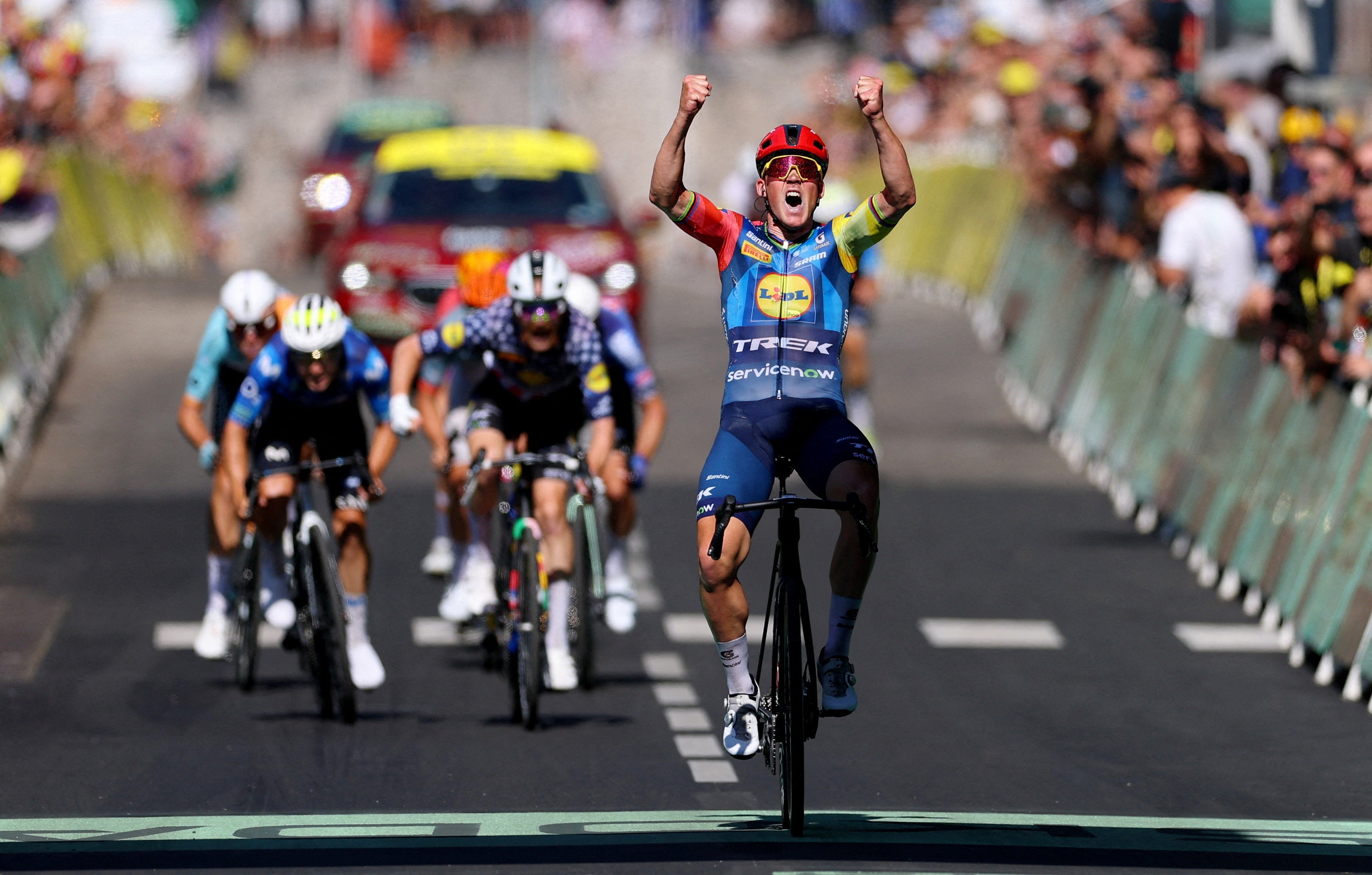 Mads Pedersen sprinted to victory as part of the stage four breakaway