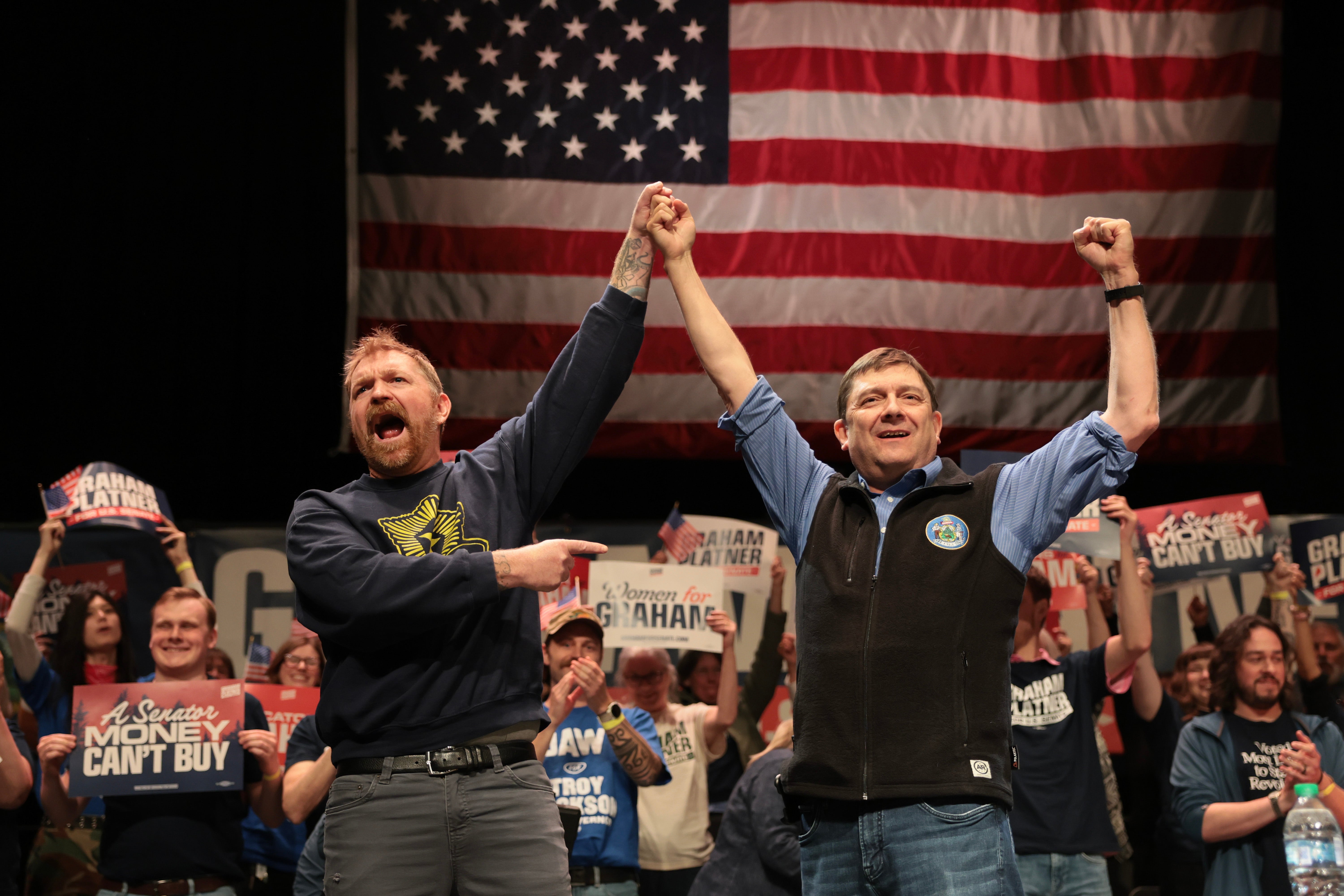Platner (at left) frequently campaigned with Troy Jackson (pictured at right). That could give him credibility as a populist insurgent in the profile of Platner, but also could be a weight on him.