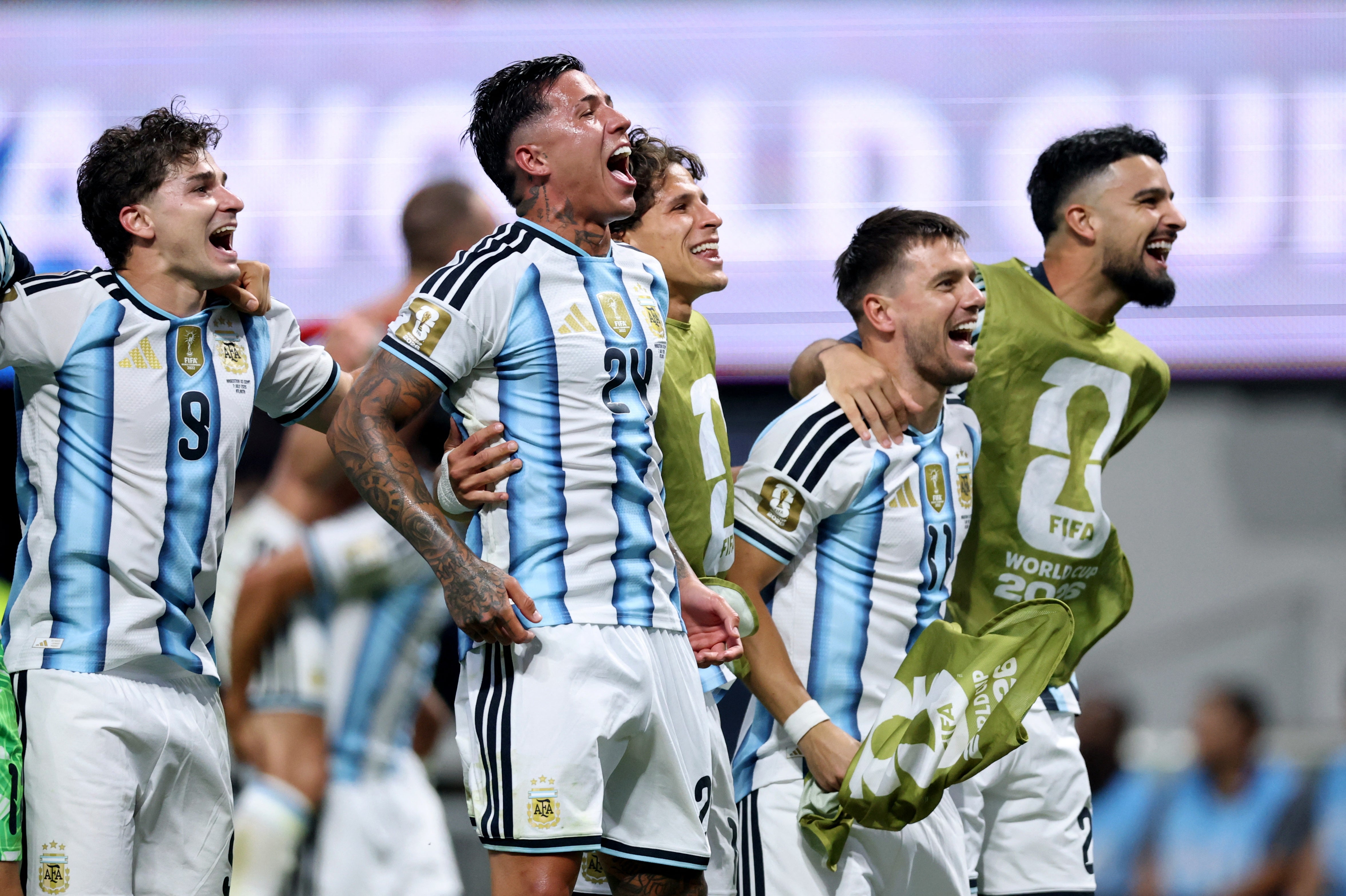 Argentina's Giovani Lo Celso, Giuliano Simeone, Julian Alvarez and Enzo Fernandez celebrate (Reuters)
