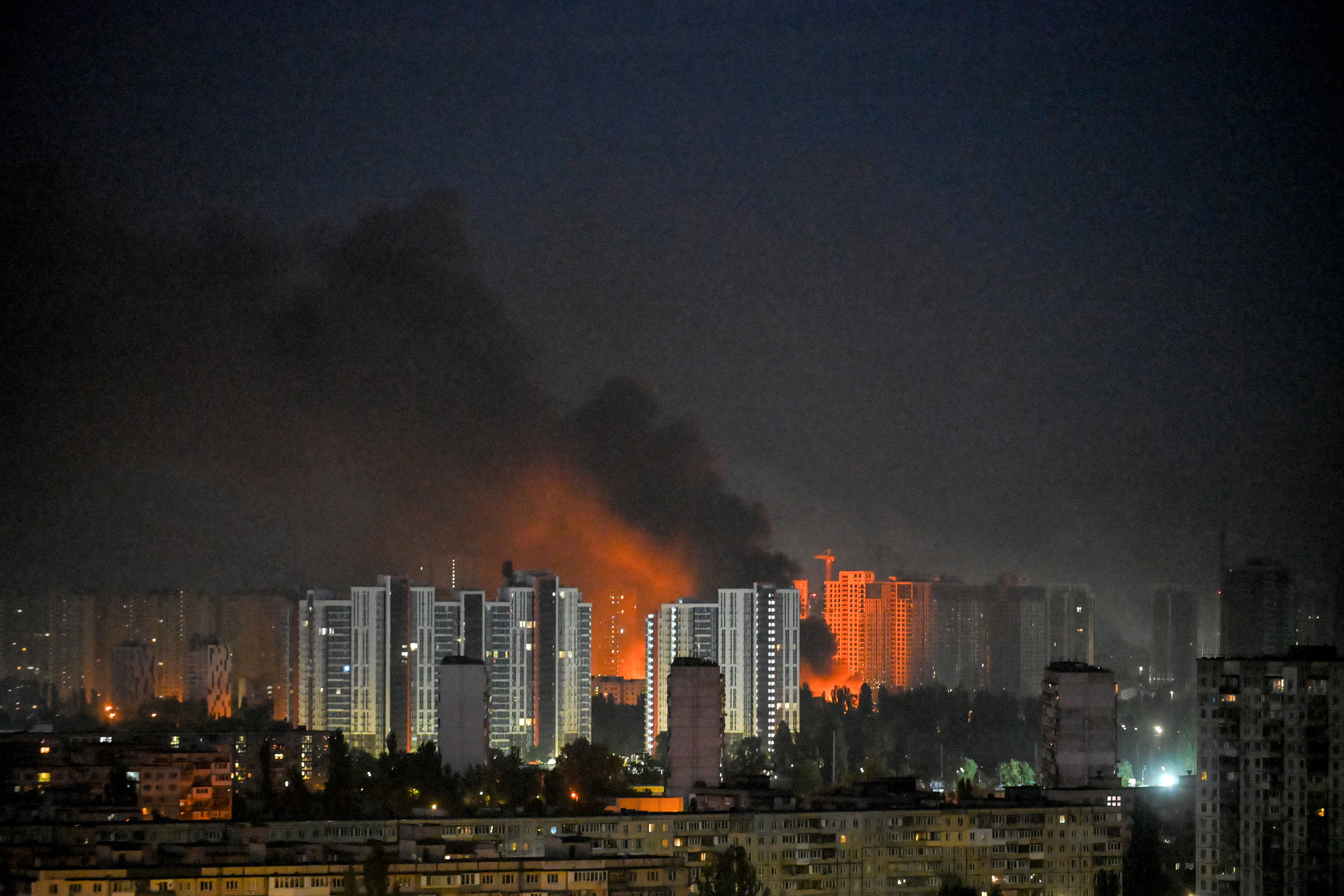 File: An explosion during a Russian missile strike on the Ukrainian capital of Kyiv