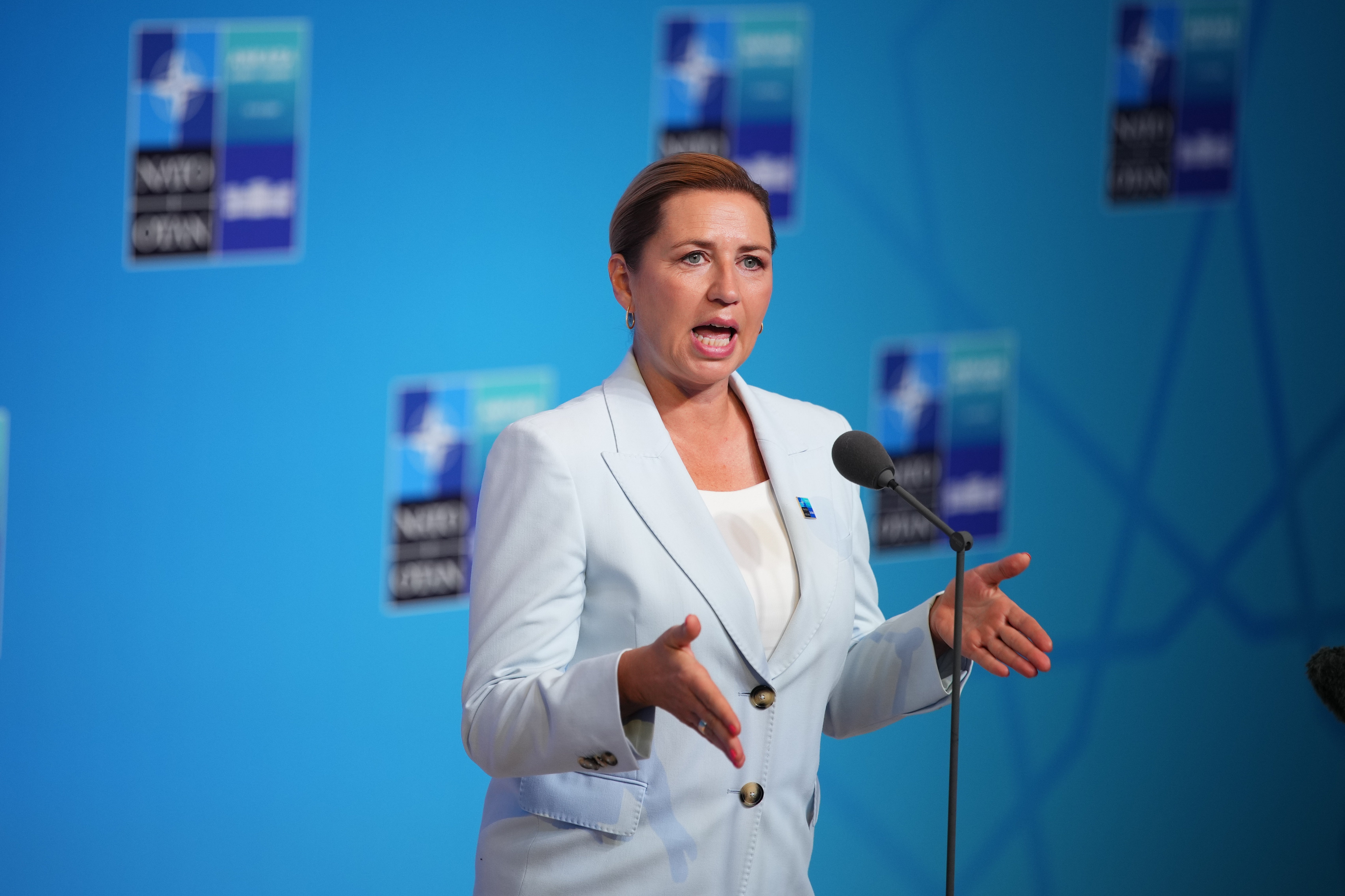 Denmark's Prime Minister Mette Frederiksen speaks as she arrives for the NATO summit in Ankara, Turkey, Wednesday, July 8, 2026. (AP Photo/Emrah Gurel) (AP)