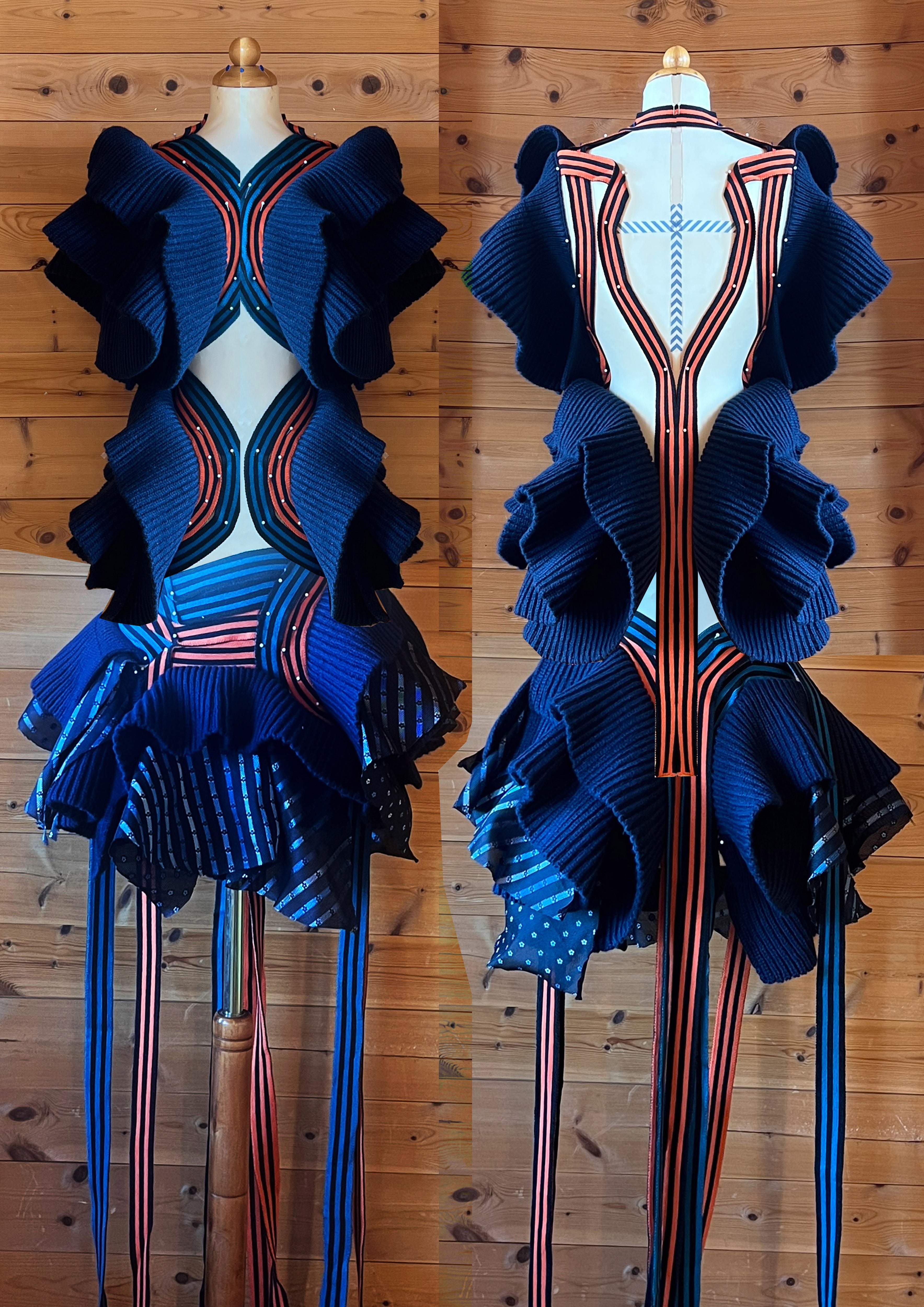 Drape and stand work inspired by Norwegian and Scottish garments research from Interweaving Threads Project: Garment development on the stand with deadstock fishermans rib, knitted panels and cotton printed fabrics.