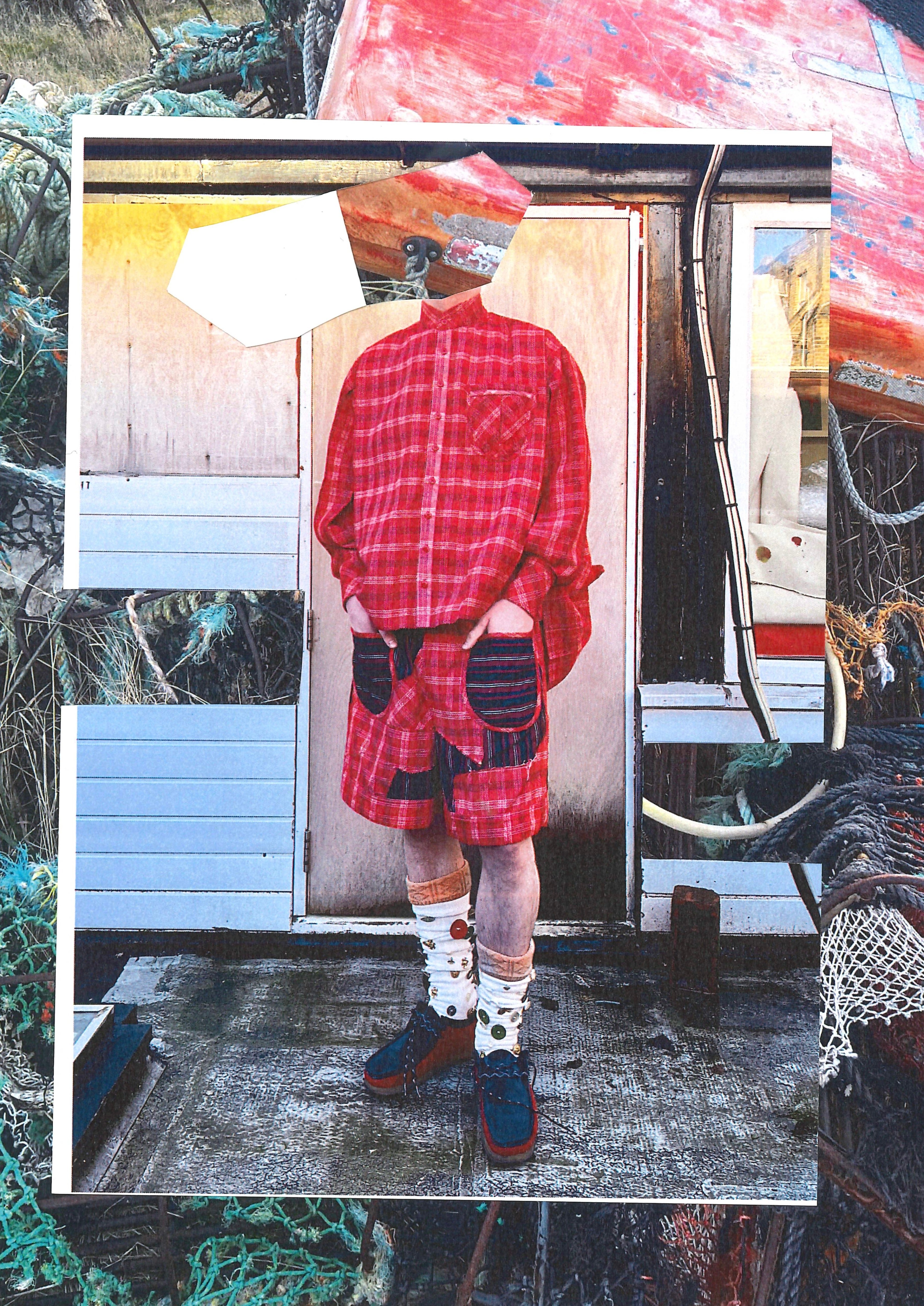 Look from Things You Find Upon The Shore ; Drape fishwife shirt in silk and linen blend tartan with contrast stripe and tartan applique fisherman shorts (available at Lighthouse Soho). Photograph and collage Owen Edward Snaith