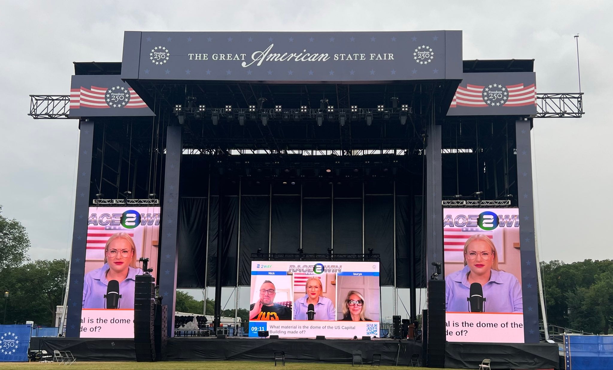 Meghan McCain’s new game show was streamed in at President Donald Trump’s Great American State Fair to an empty crowd