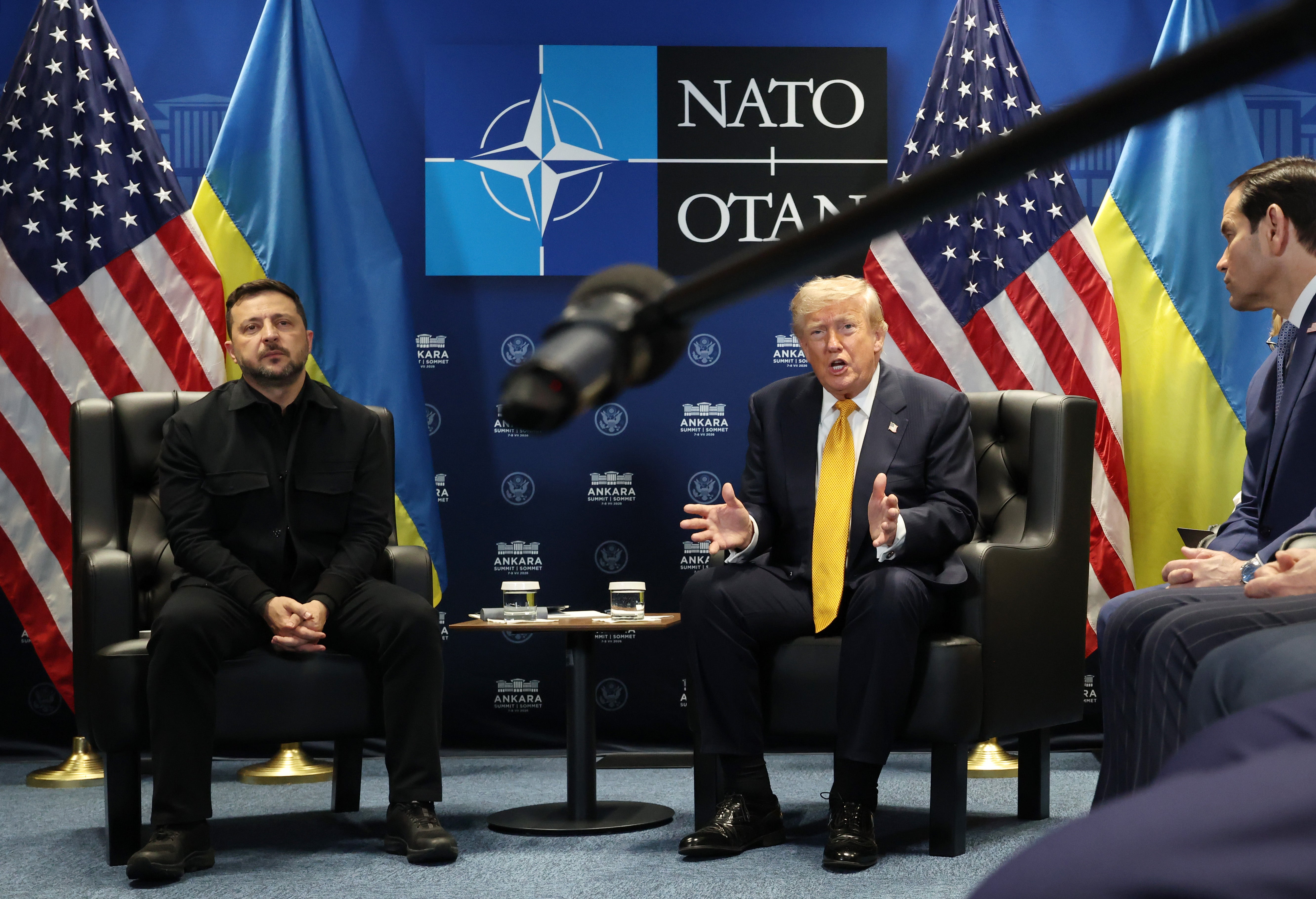 U.S. President Donald Trump (R) meets with Volodymyr Zelenskyy, President of Ukraine (L) for bilateral talks