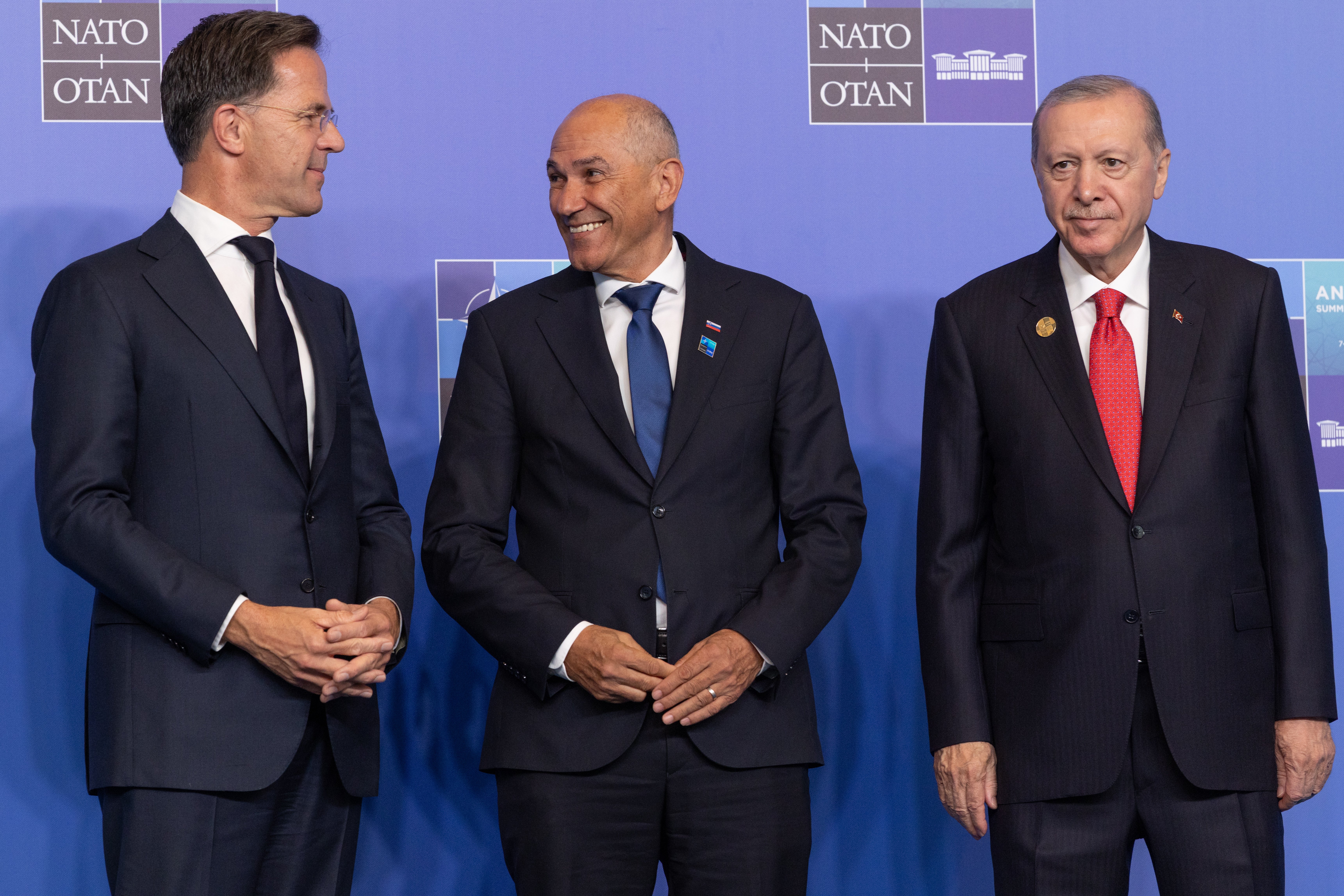 NATO Secretary General Mark Rutte, Prime Minister of Bulgaria, Rumen Radev and President of Turkey, Recep Tayyip Erdogan, arrive ahead a family photo during the NATO summit on July 08, 2026 in Ankara, Turkey. Leaders from NATO's 32 countries, plus NATO allies like Ukraine, gathered in the Turkish capital to discuss a range of issues involving spending targets, defence industrial production, and support for Ukraine, among other topics (Getty)