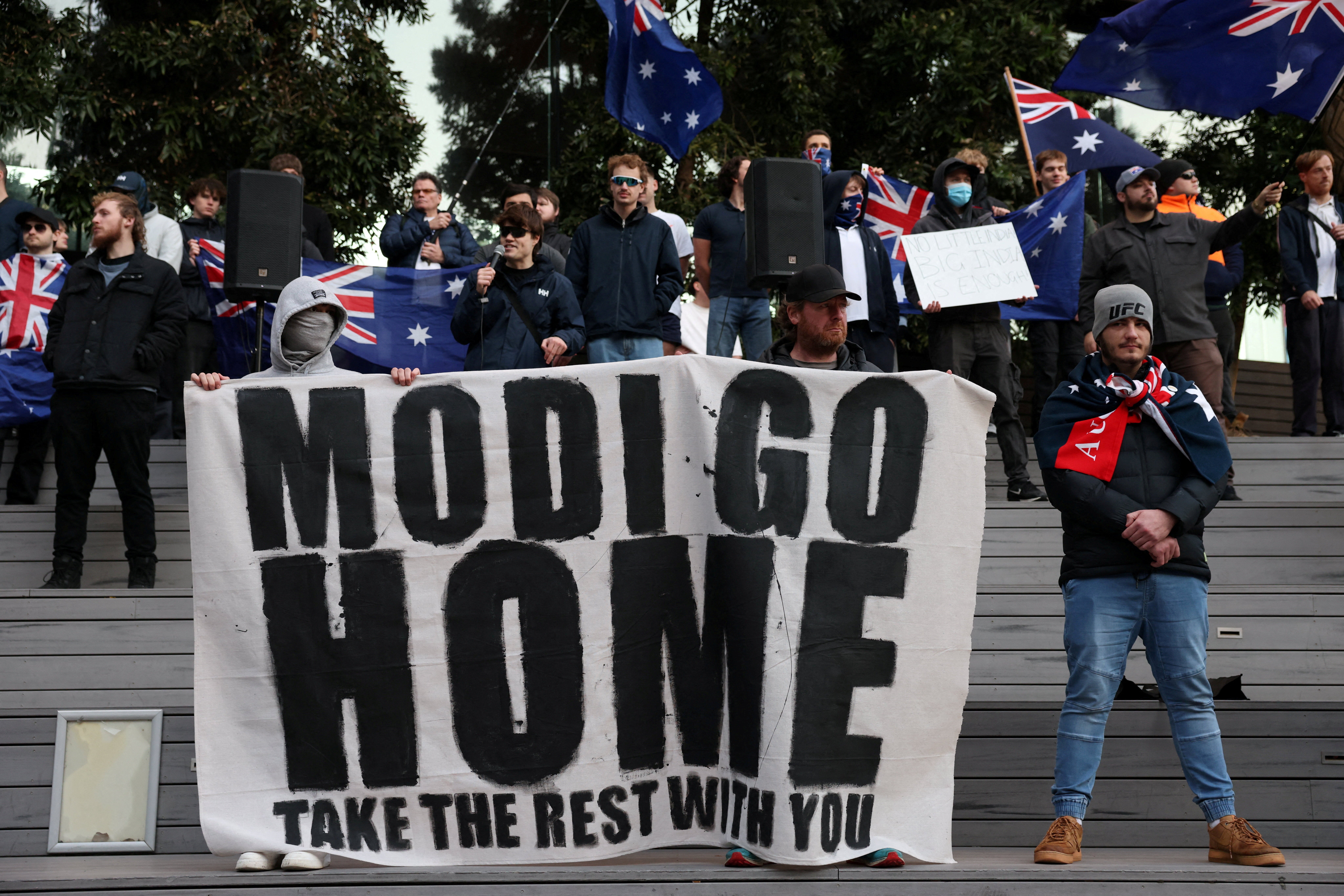 Protesters protest against Narendra Modi outside Marvel Stadium in Melbourne on 9 July 2026