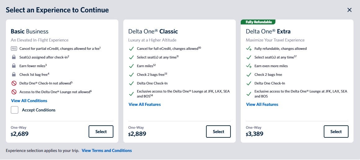 Delta First Basic is available now, while Premium Select Basic and Basic Business are open for booking but won’t begin flying until September