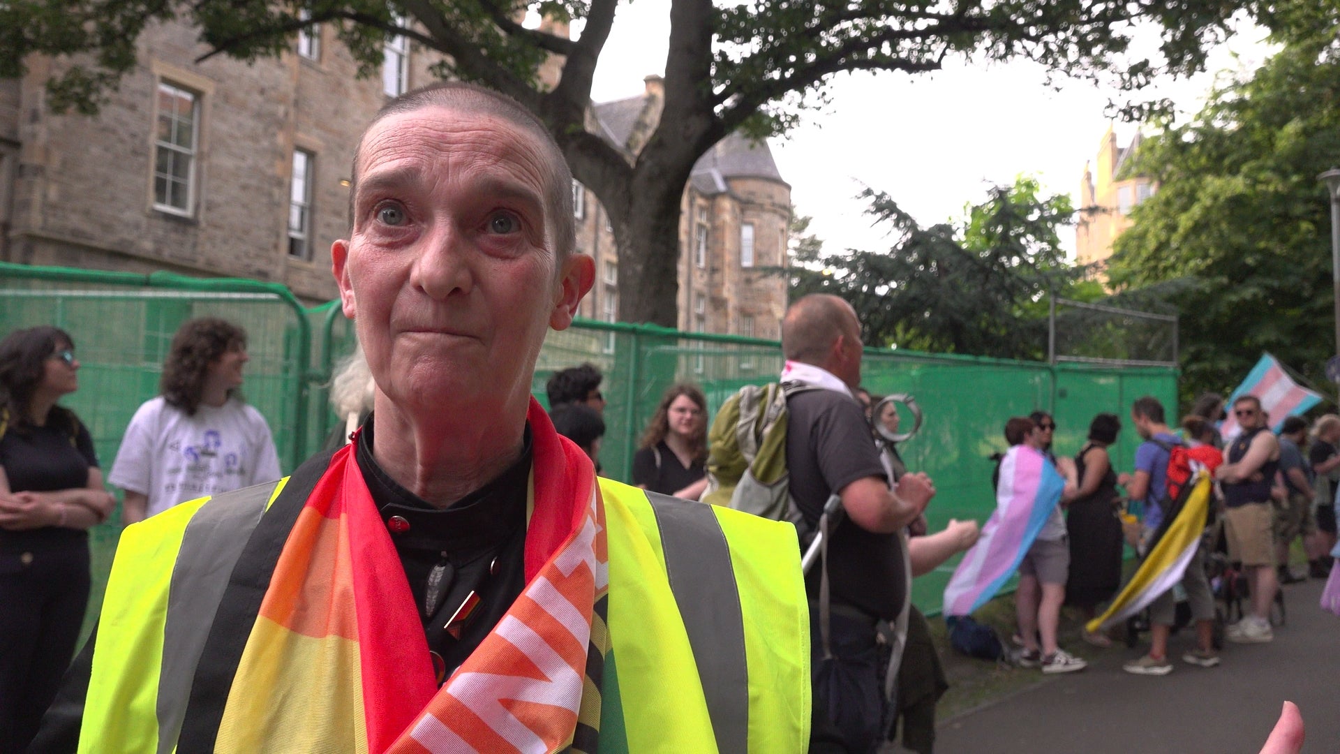 Leslie Cunningham was one of approximately 80 people who gathered to protest the Equality and Human Rights Commission’s (EHRC) new guidance on single-sex spaces in Edinburgh on Thursday (PA)