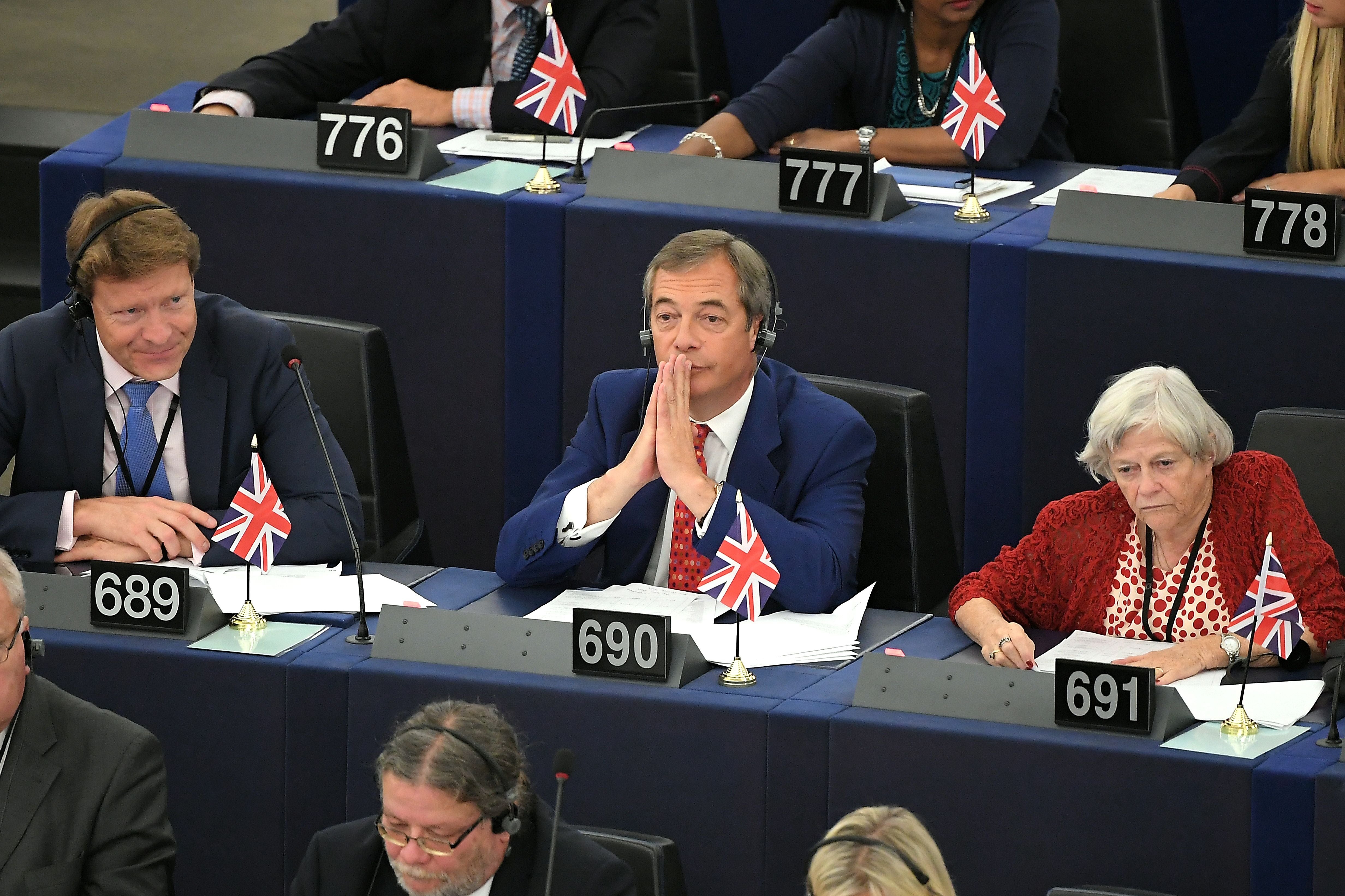 Richard Tice (left), Nigel Farage and Ann Widdecombe, from the Brexit Party, during a session at the European Parliament in Strasbourg in 2019 (AFP/Getty)