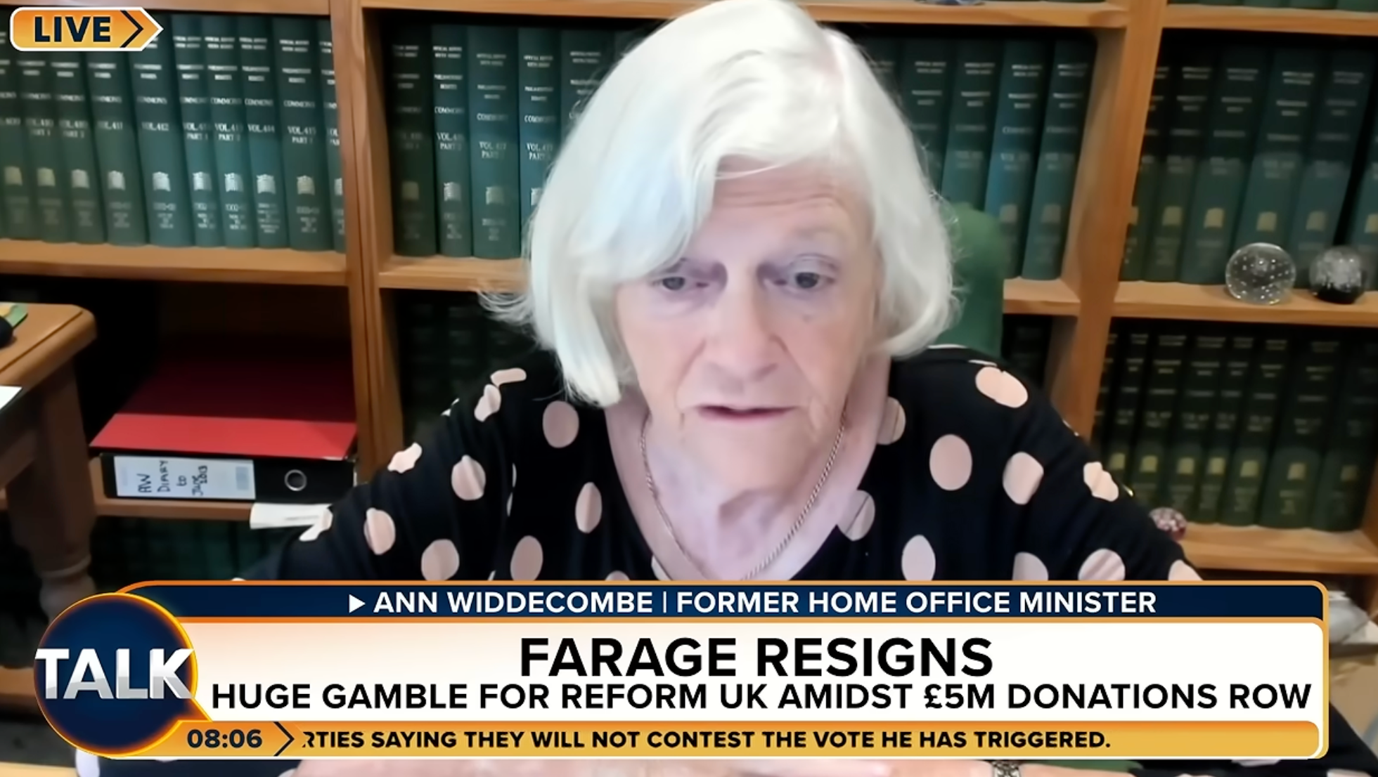 Anne Widdecombe’s last public appearance was a live broadcast on TalkTV early on Wednesday morning