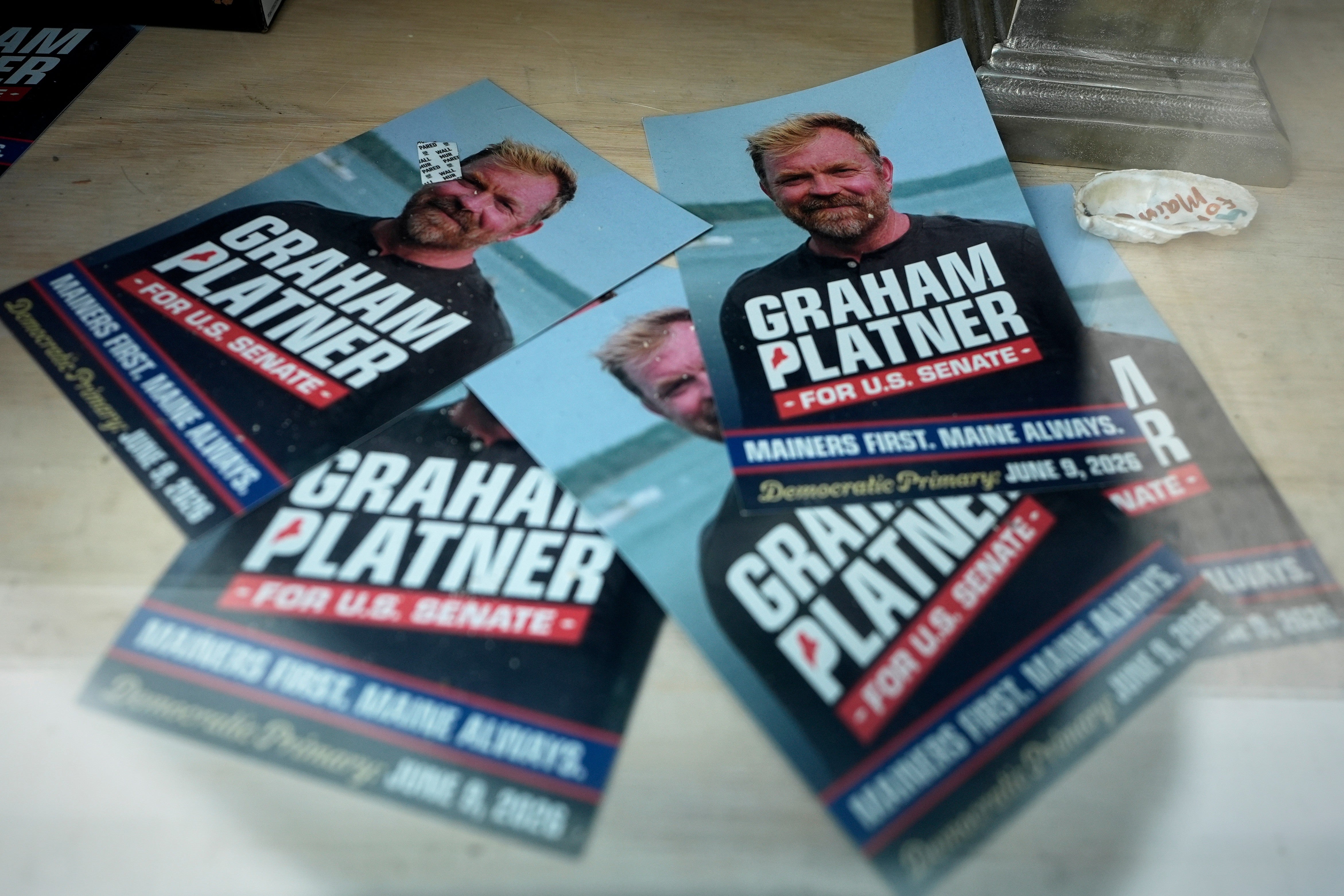 Campaign flyers for Platner are seen at his headquarters Thursday, July 9, 2026, in Ellsworth, Maine
