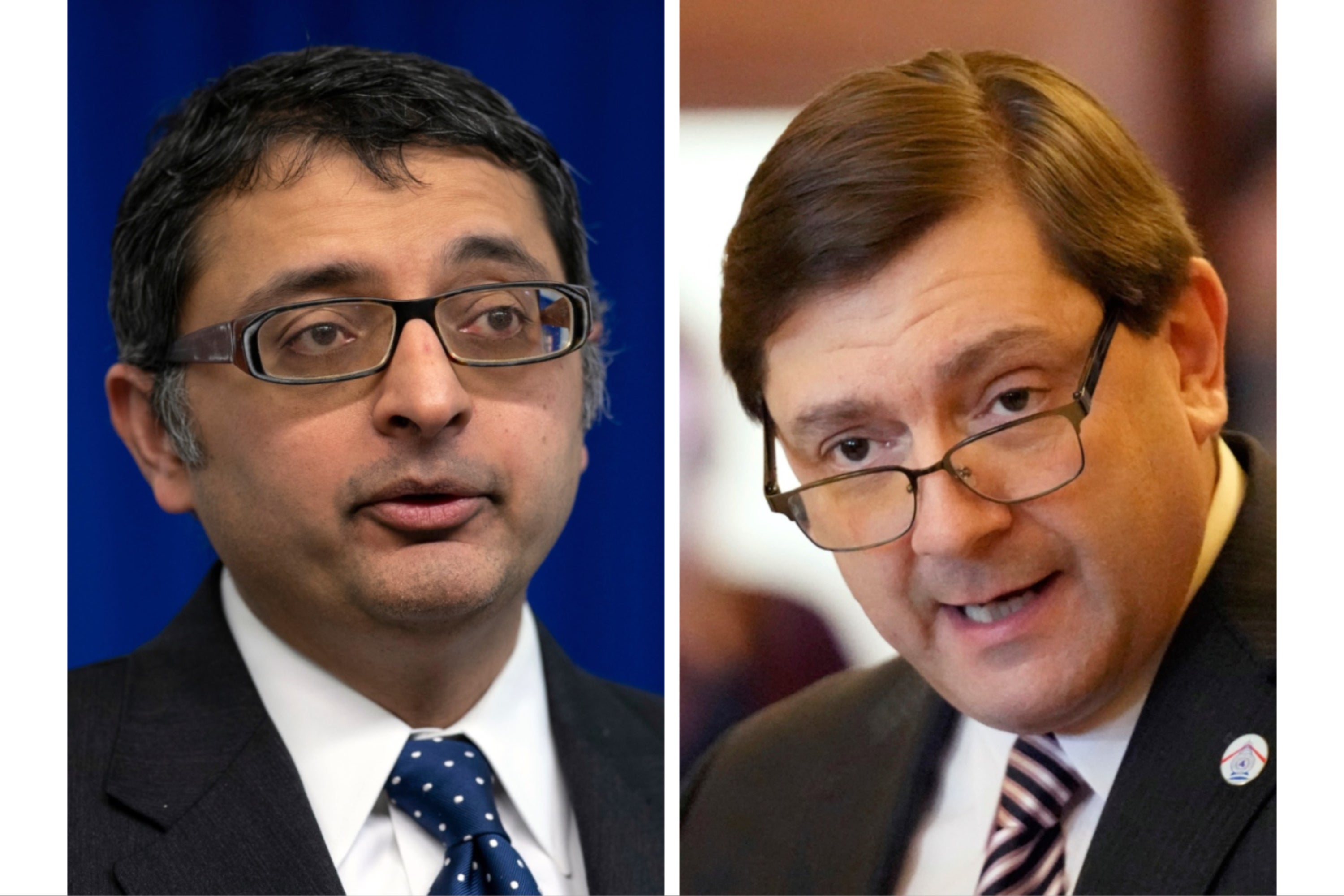 In this combination of photos taken in Augusta, Maine, news conferences, Nirav Shah, left, speaks April 28, 2020, and Troy Jackson speaks Jan. 17, 2023