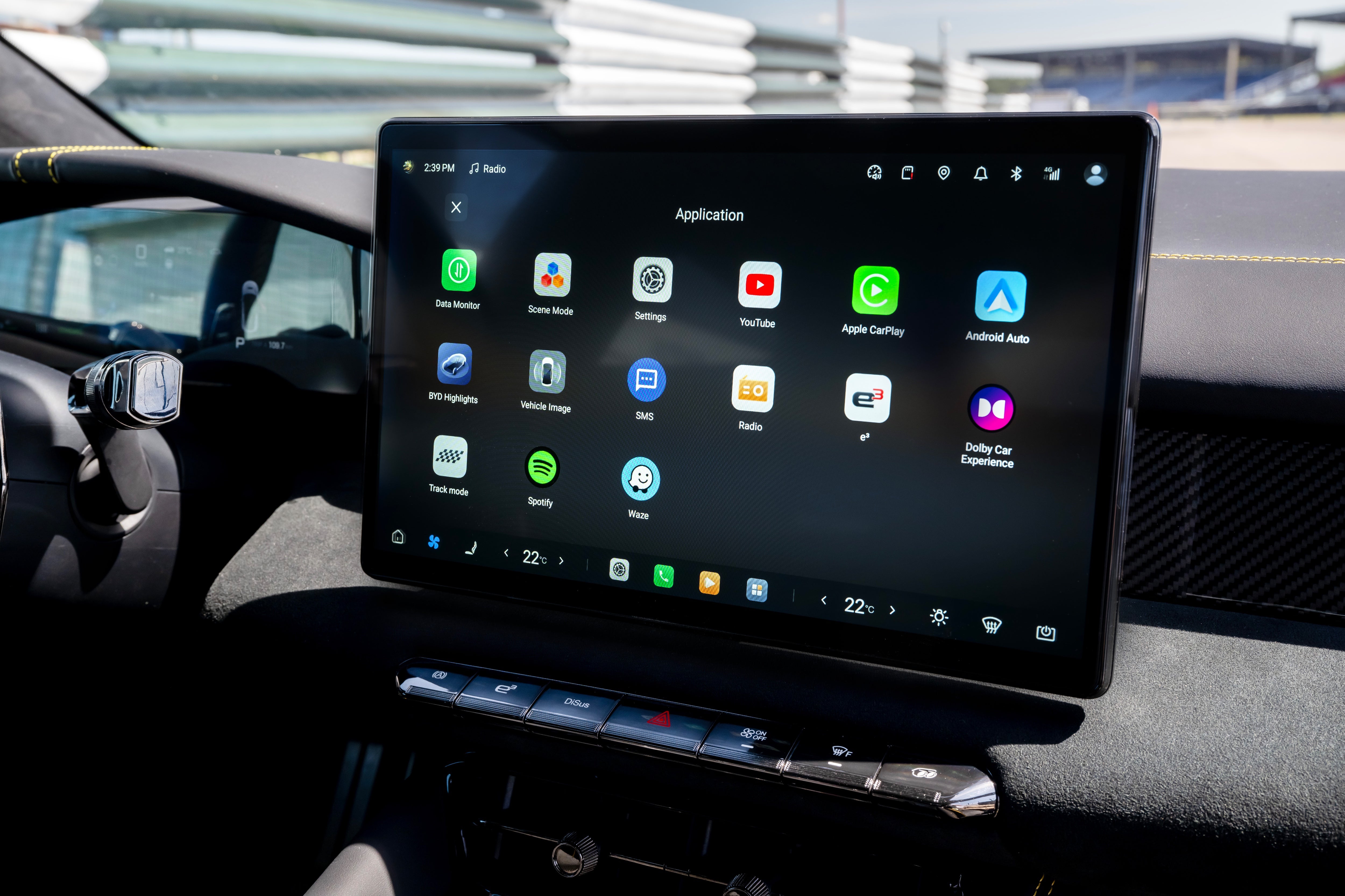 The 12.8-inch infotainment screen features Google Built-in and supports wireless Apple CarPlay and Android Auto (Denza)