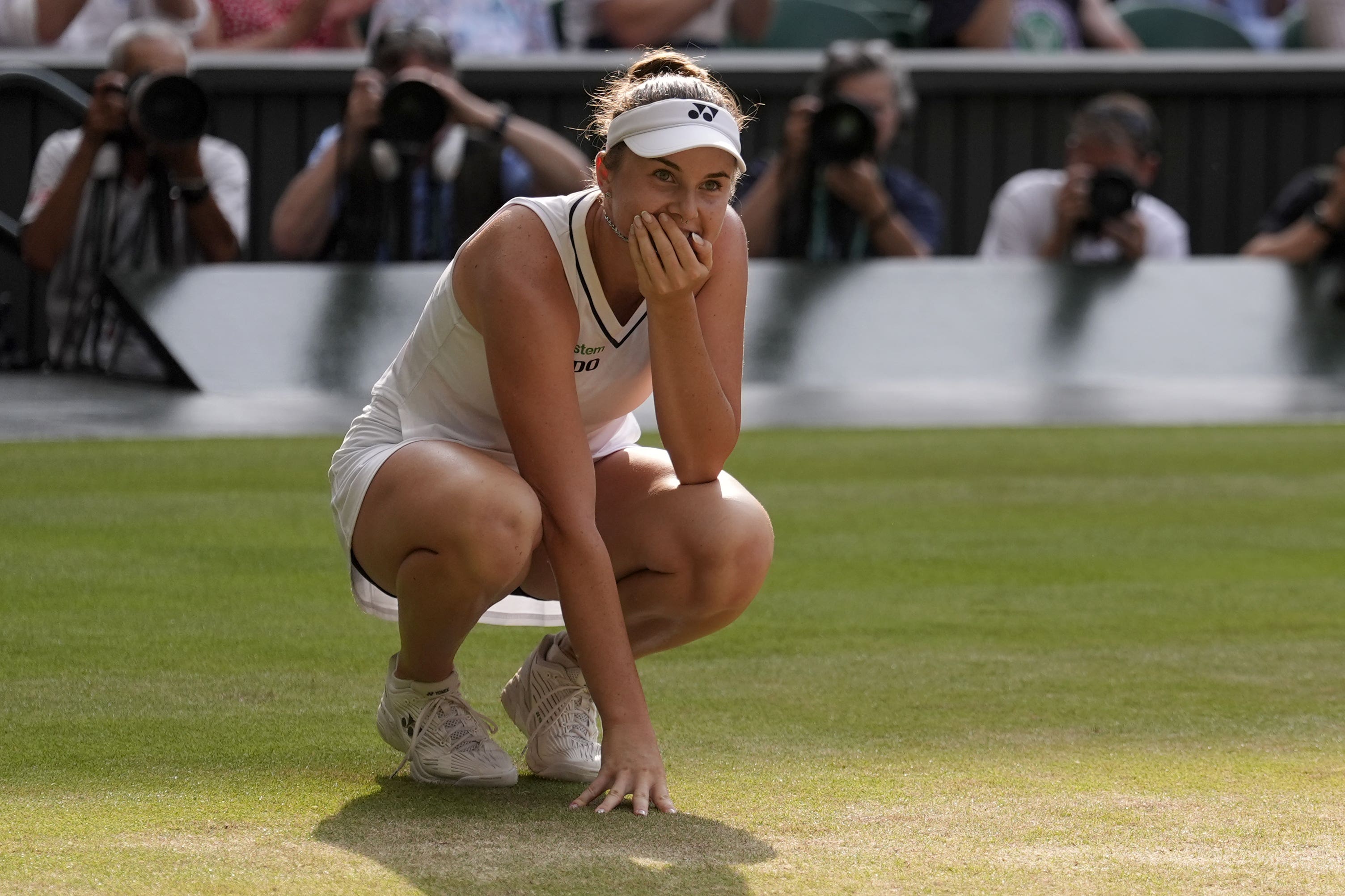 Linda Noskova celebrates after she progressed into the women’s final at Wimbledon (Andrew Matthews/PA)