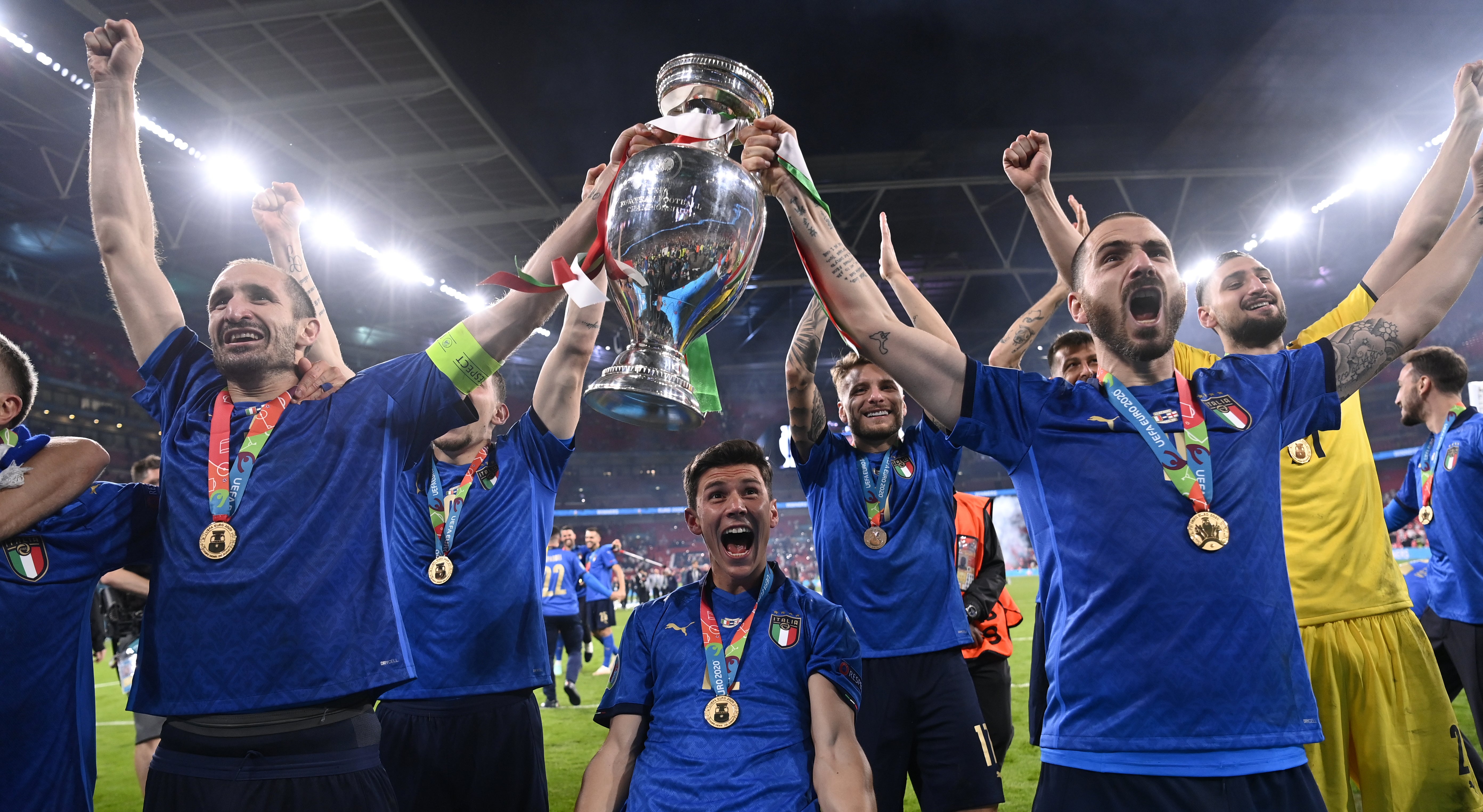 Italy celebrate their Euro 2020 final victory over England at Wembley (PA) (PA Archive)