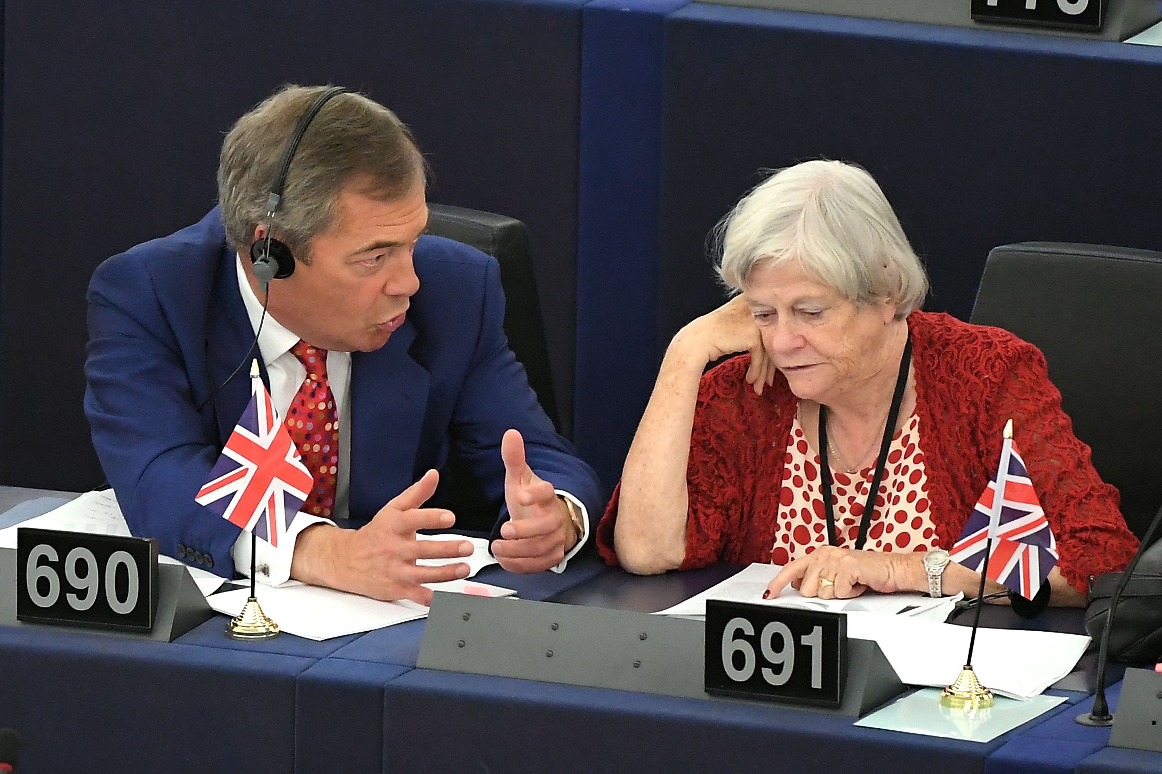Nigel Farage (L) and Anne Widdecombe (R) at the European Parliament in Strasbourg in 2019