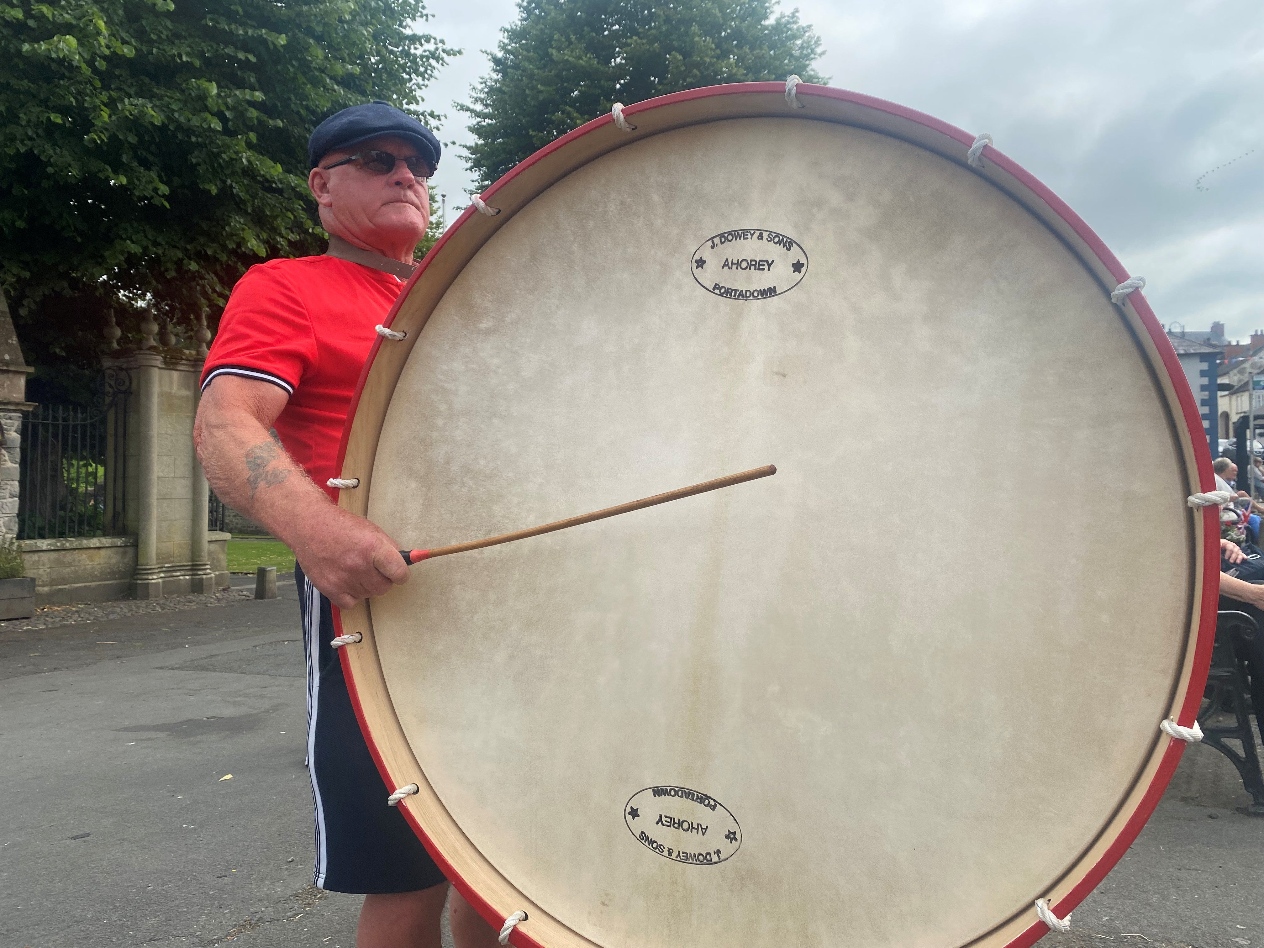 A man taking part in a Lambeg drumming display in Royal Hillsborough, Co Down, ahead of the village hosting events to mark the Twelfth of July (Jonathan McCambridge/PA) (PA Wire)