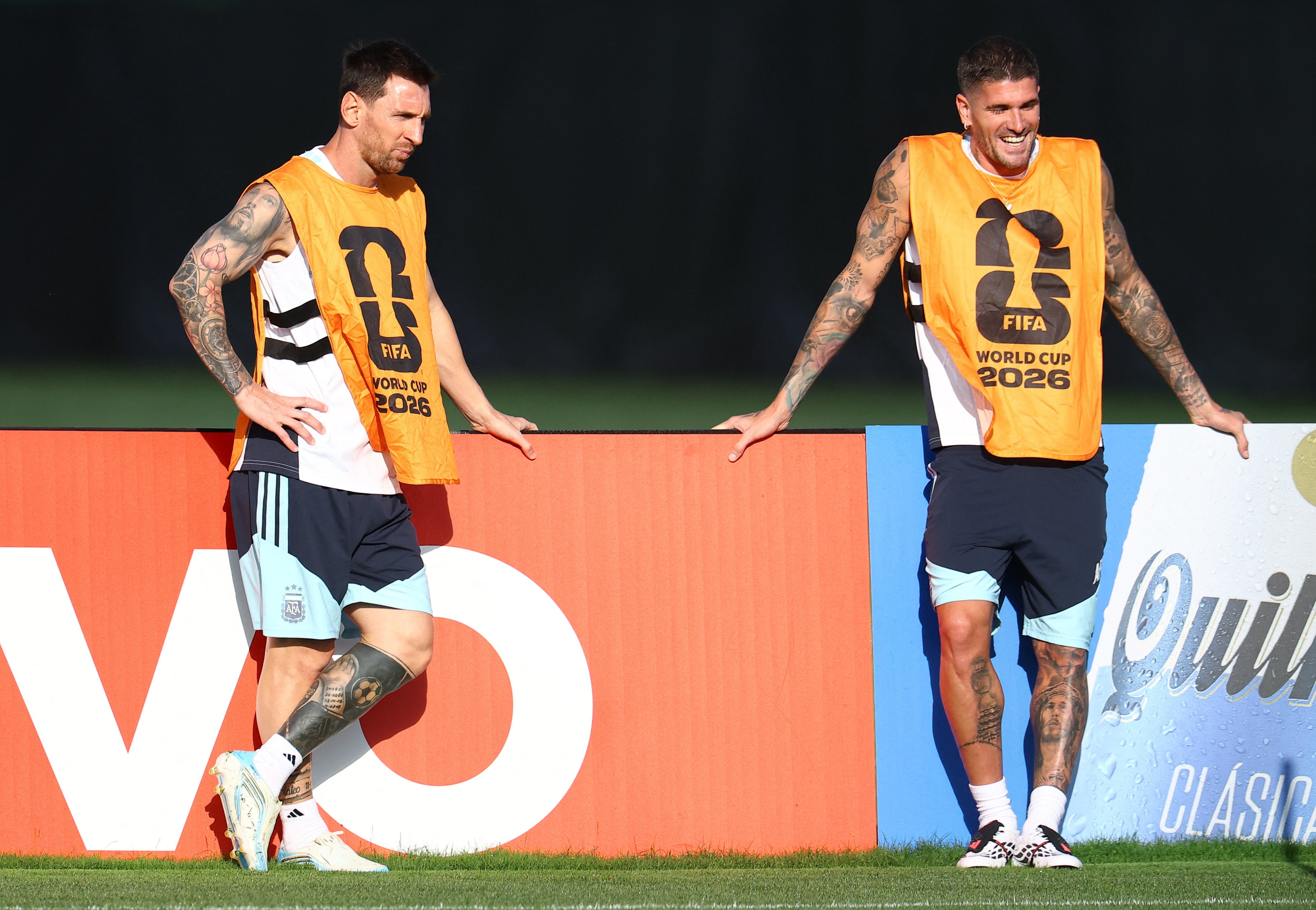 Argentina's Lionel Messi and Rodrigo De Paul during training