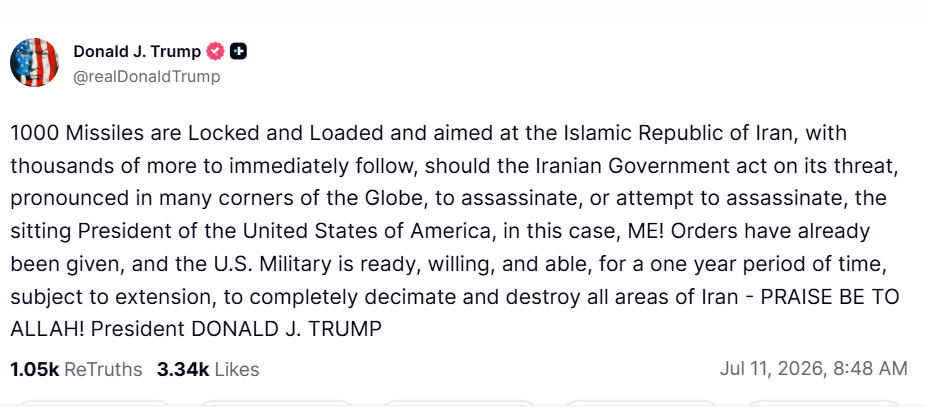 Trump threatens Iran after Ayatollah Ali Khamenei's funeral saw open calls for his killing (Truth Social)