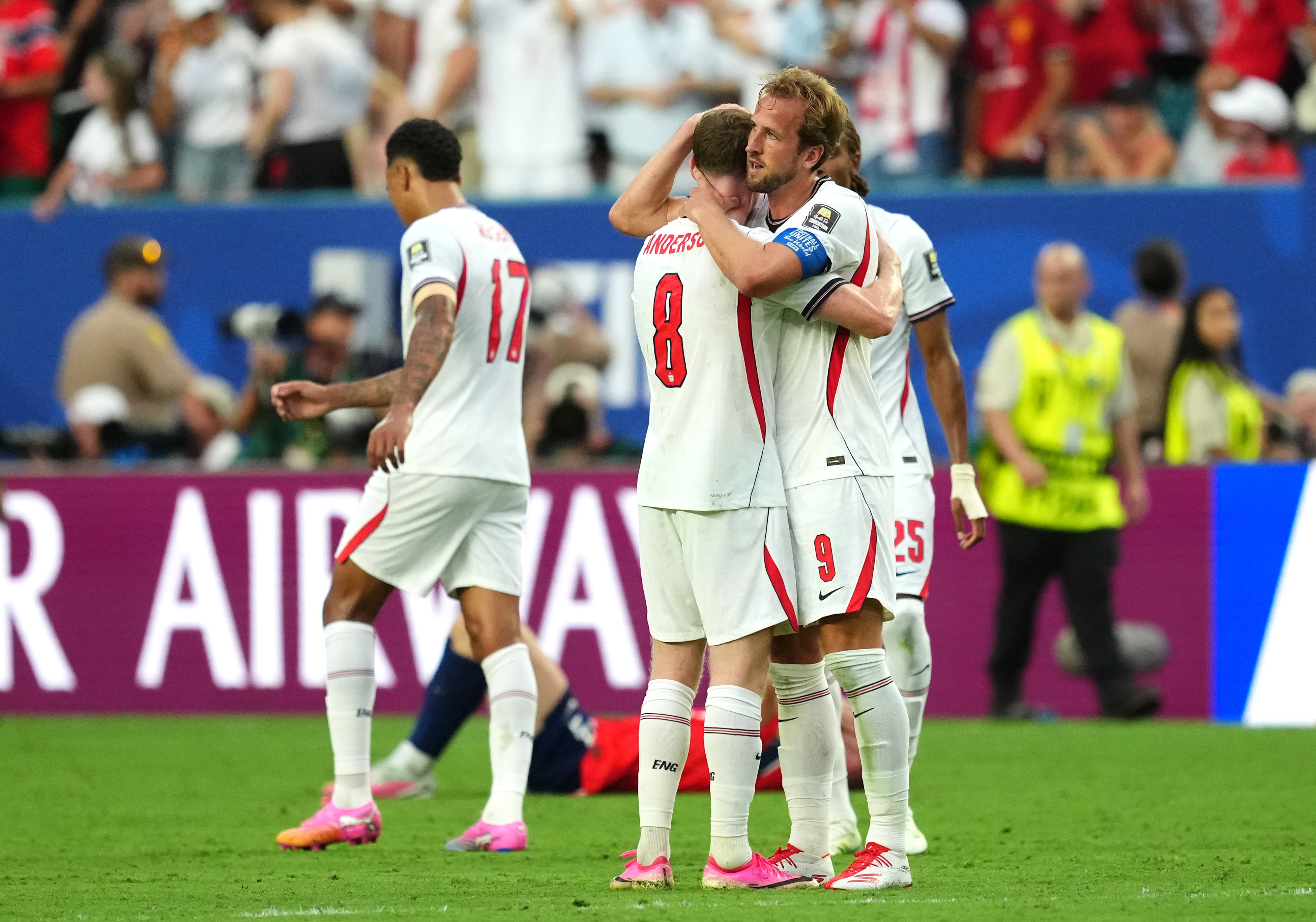 England's Elliot Anderson and Harry Kane celebrate following the FIFA World Cup 2026 quarter-final match at the Miami Stadium