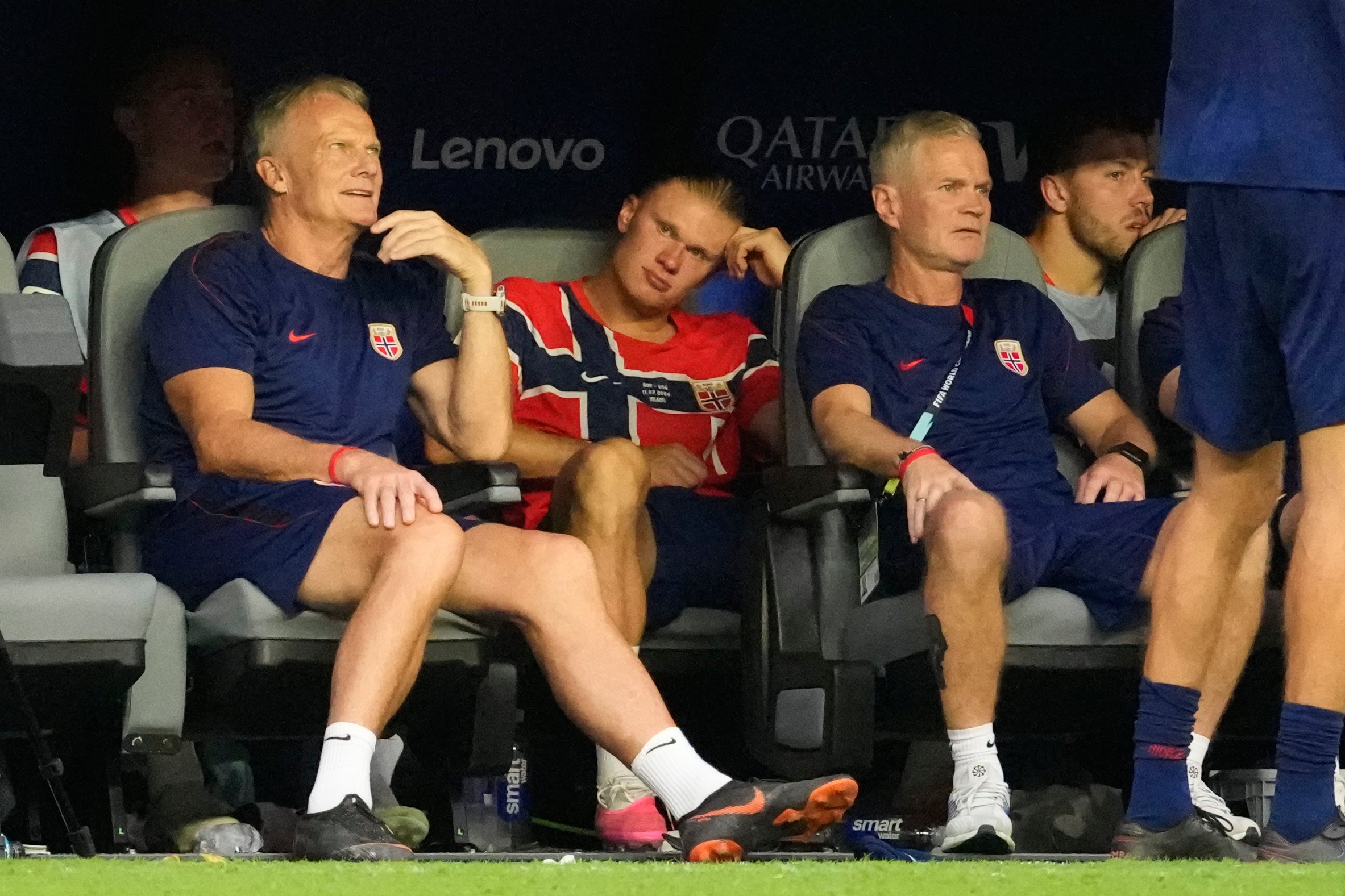 Erling Haaland watches on after being substituted against England