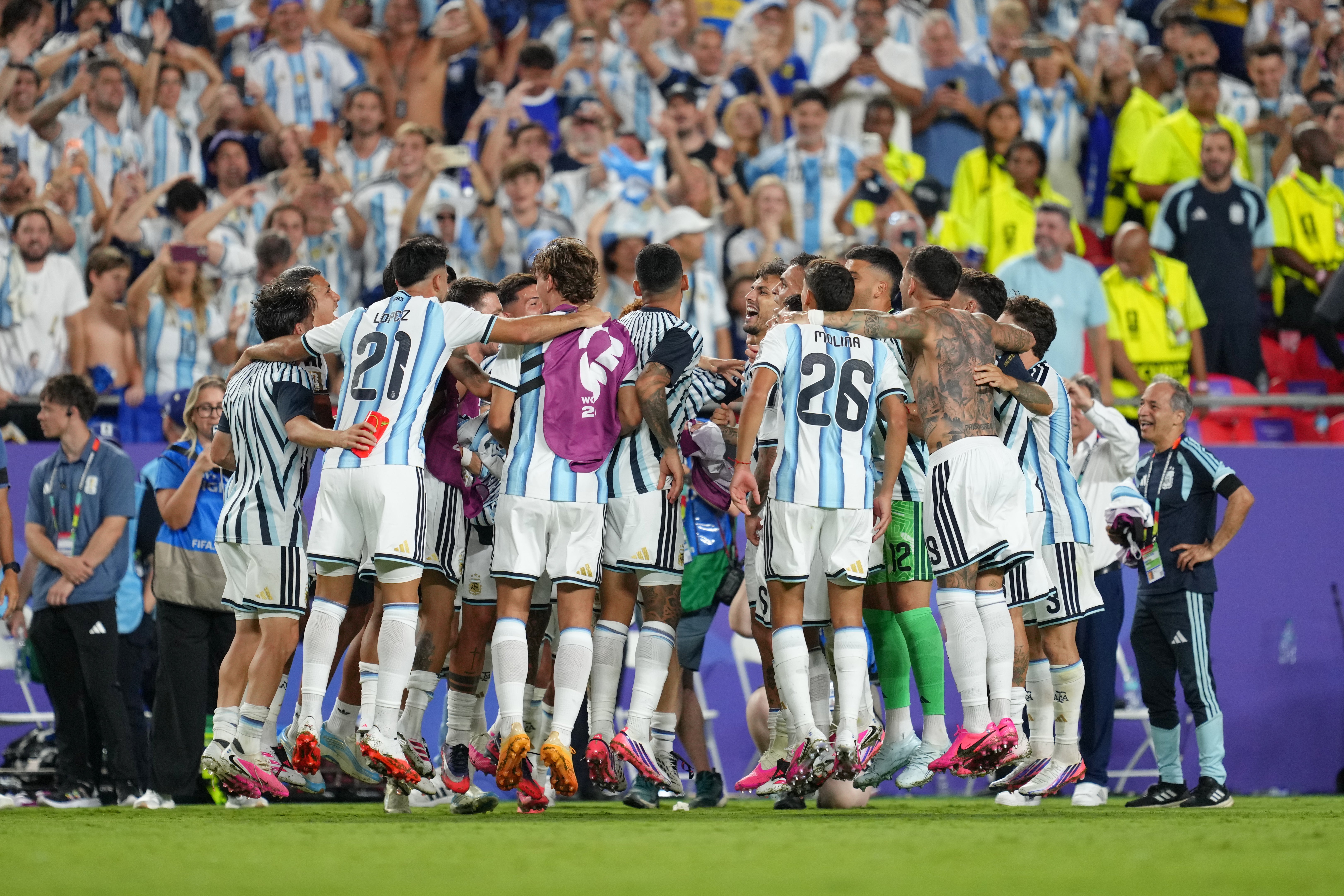 Argentina players celebrate after winning their World Cup quarter-final