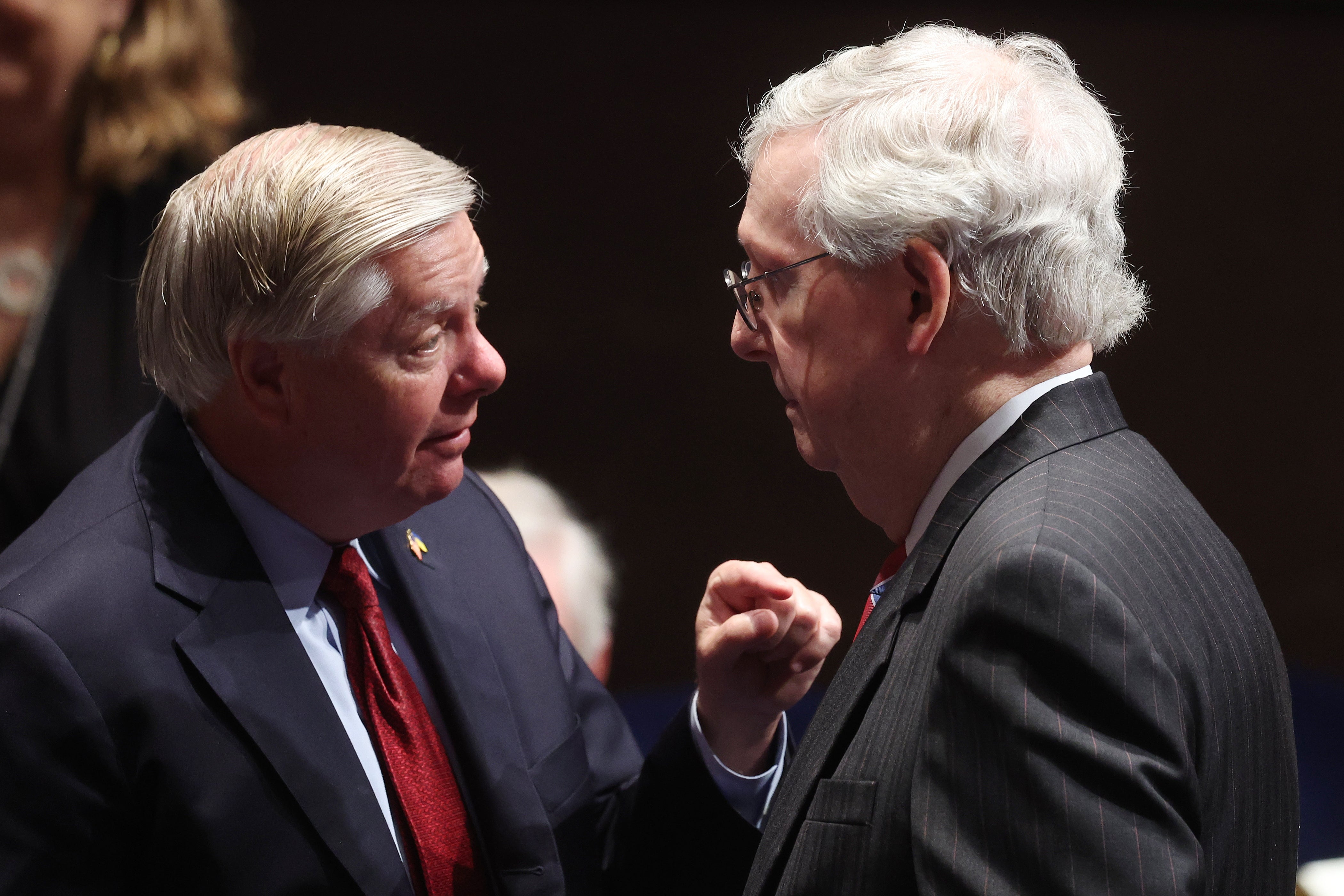 Senator Lindsey Graham, left, speaks with Senator Mitch McConnell, right. McConnell issued an update on his health less than a day after it was revealed that Graham died from a ‘brief and sudden illness’ (Getty)