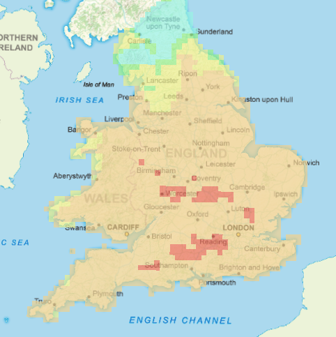 Natural England's fire severity index reveals a high risk of wildfire across most of England and Wales on Sunday July 12