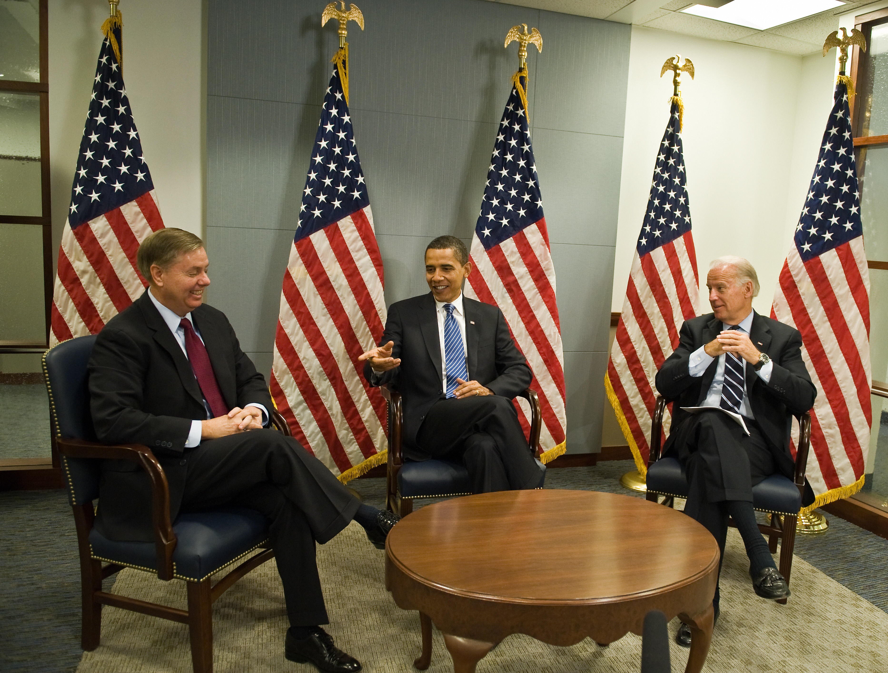 Graham (L) enjoyed a cordial relationship with his former colleagues and future presidents Barack Obama and Joe Biden. But Graham’s defense of Trump came at the expense of his friendship with Biden.
