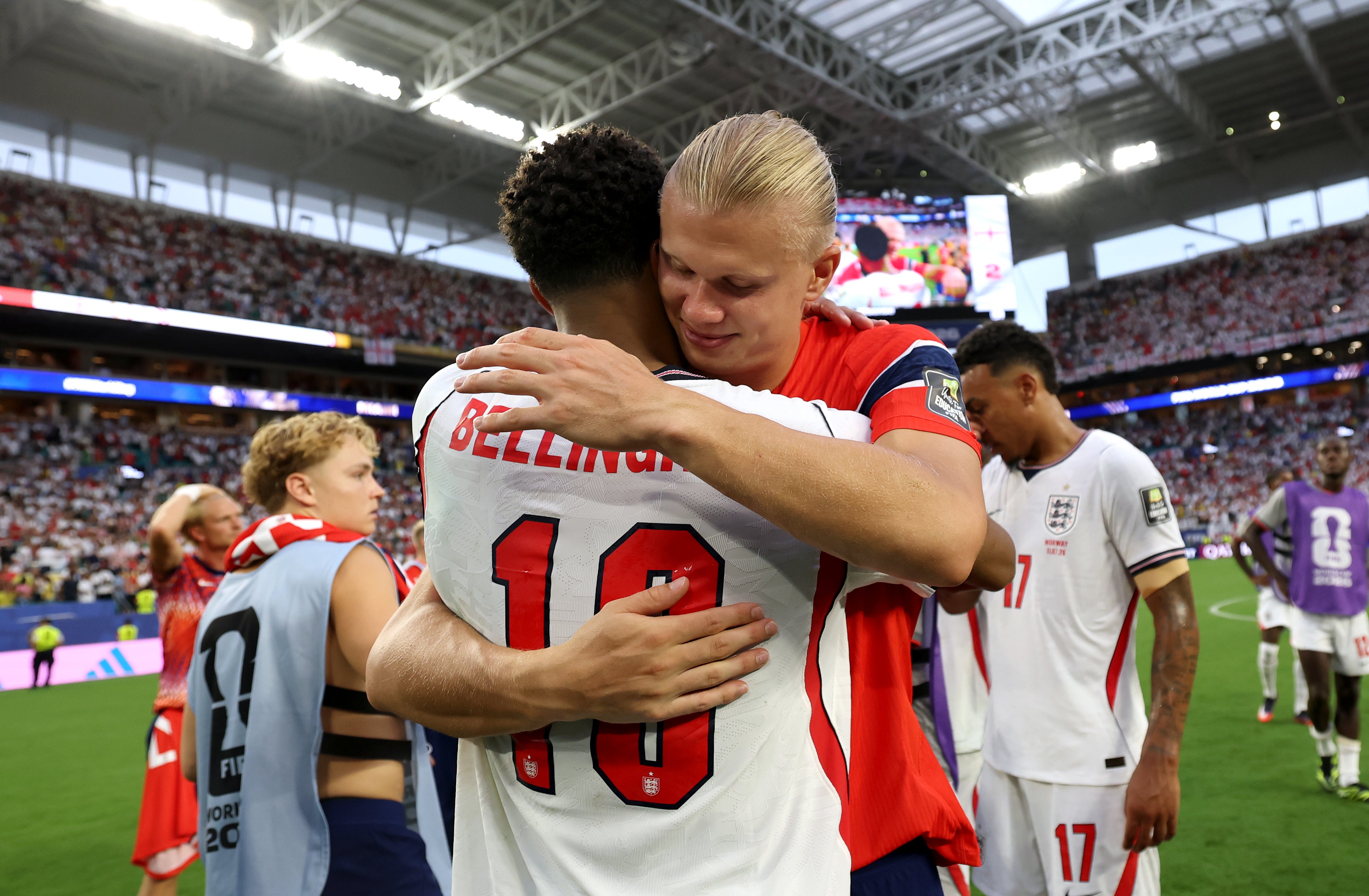 The pair hug it out after England knock Norway out of the World Cup