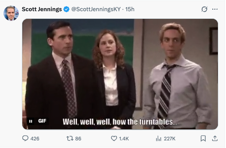 Jennings also shared a memorable GIF from The Office where Steve Carell’s Michael Scott says, ‘Well, well, well, how the turntables…’