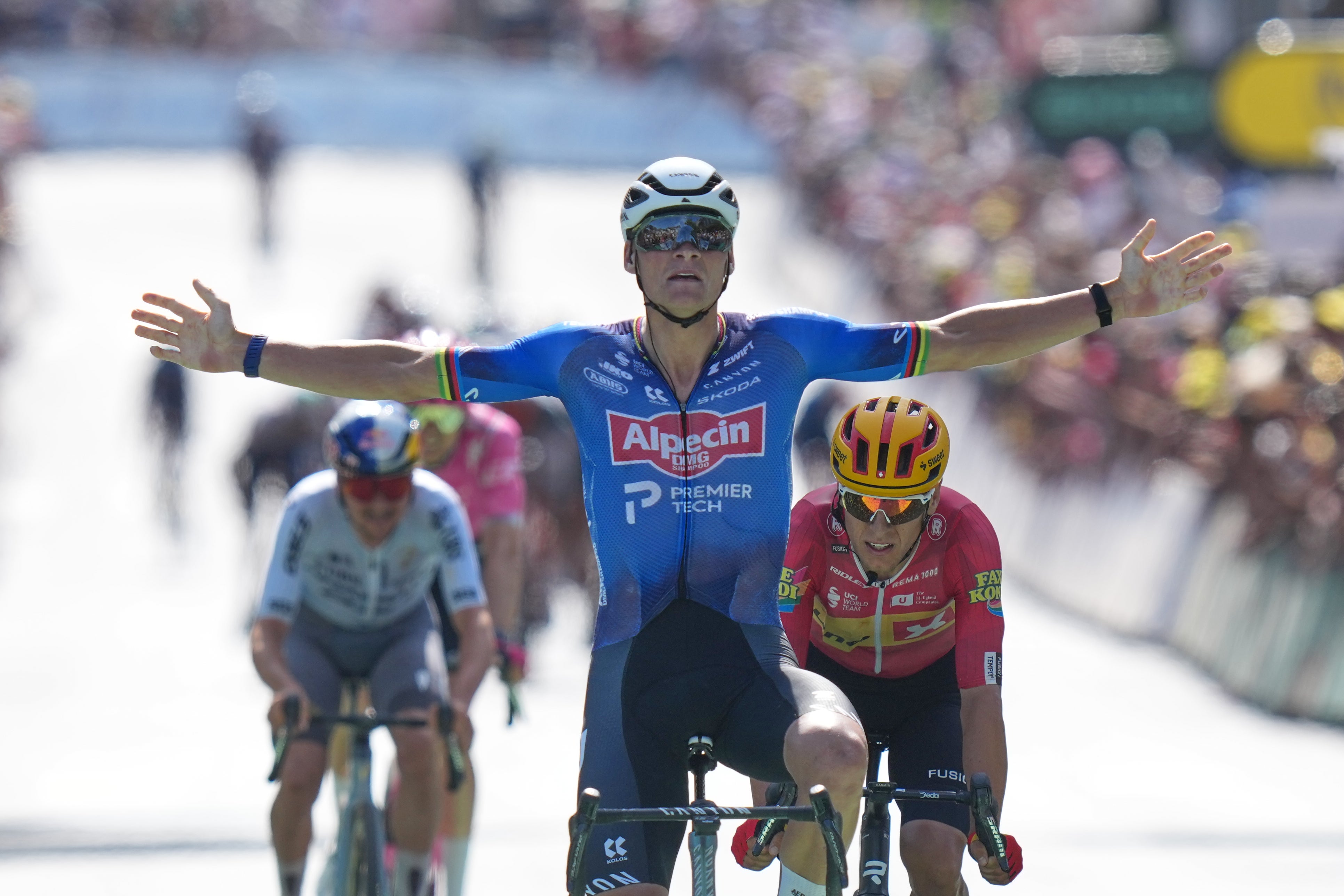Netherland’s Mathieu van der Poel won Sunday’s stage nine at the Tour de France (Thibault Camus/AP)