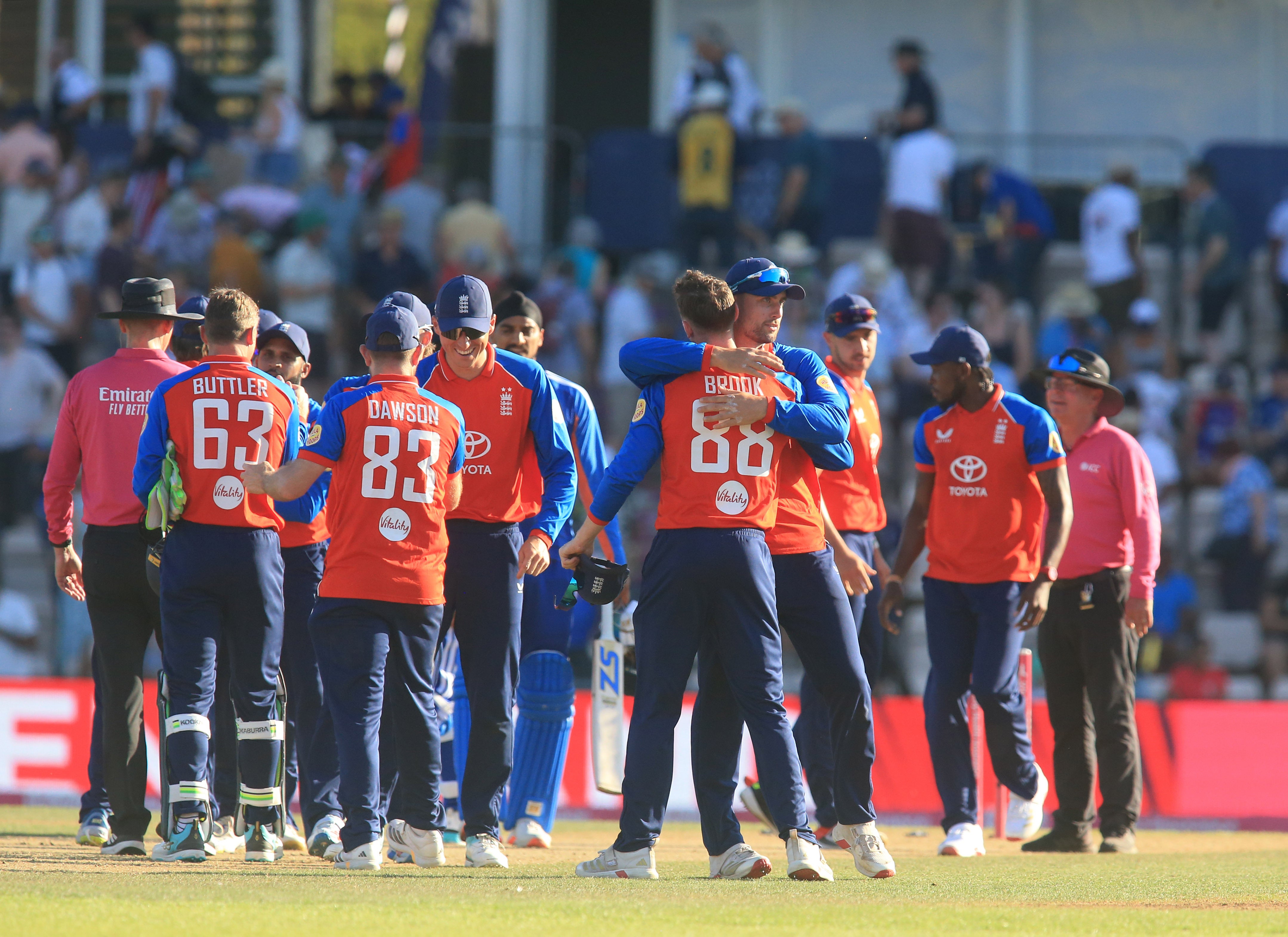 England players celebrate after clinching a 4-0 T20 series win against India in Southampton on Saturday (Peter Tarry/PA)