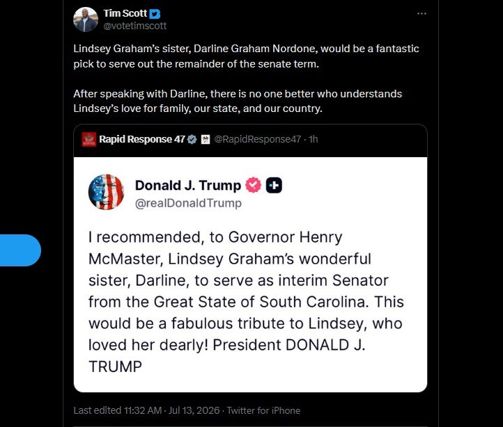 Tim Scott endorsed Donald Trump's call to appoint Lindsey Graham's sister Darline to fill his seat in the Senate for the remainder of 2026