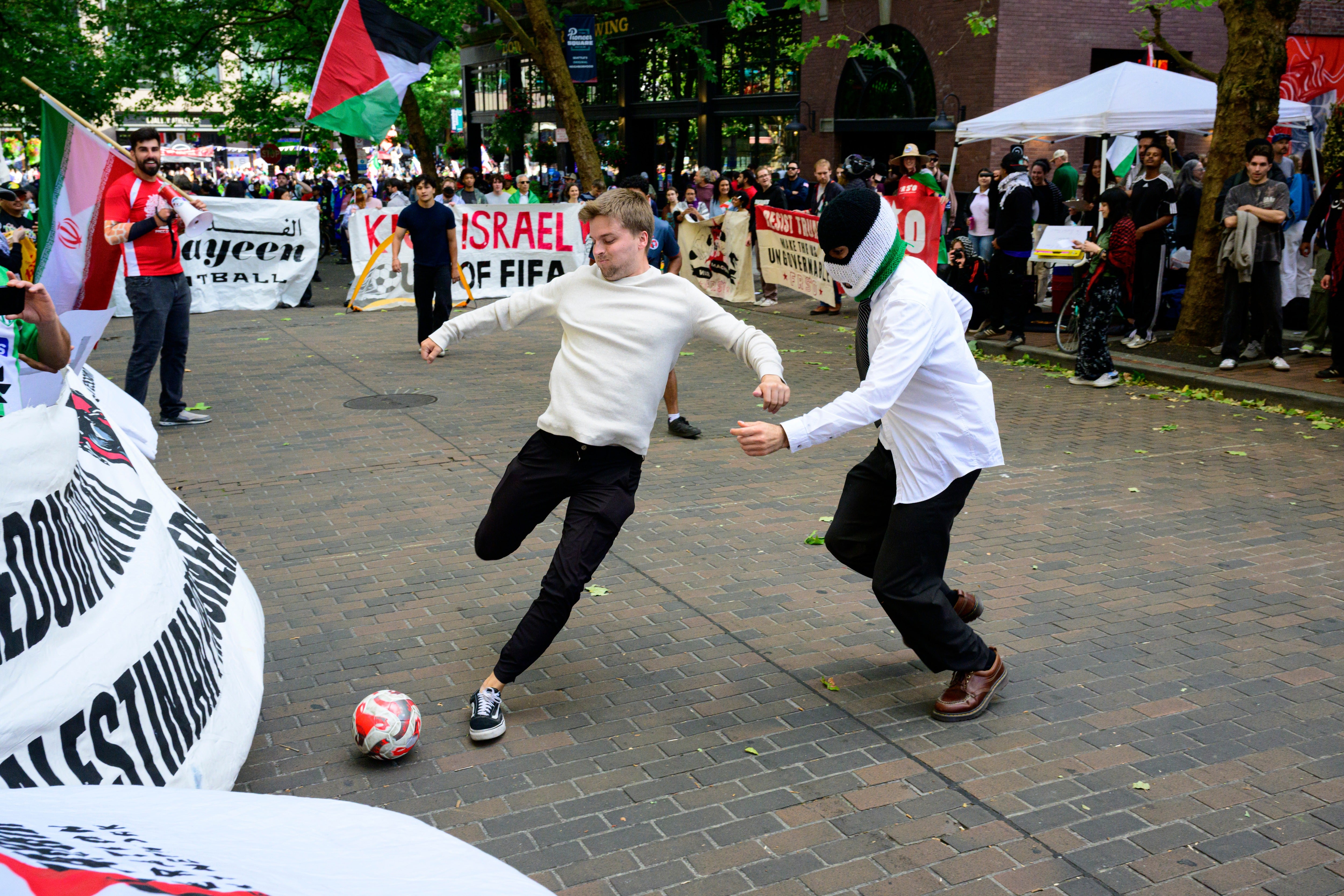 Players participate in a 5-a-side game in Seattle, organised in opposition to Fifa