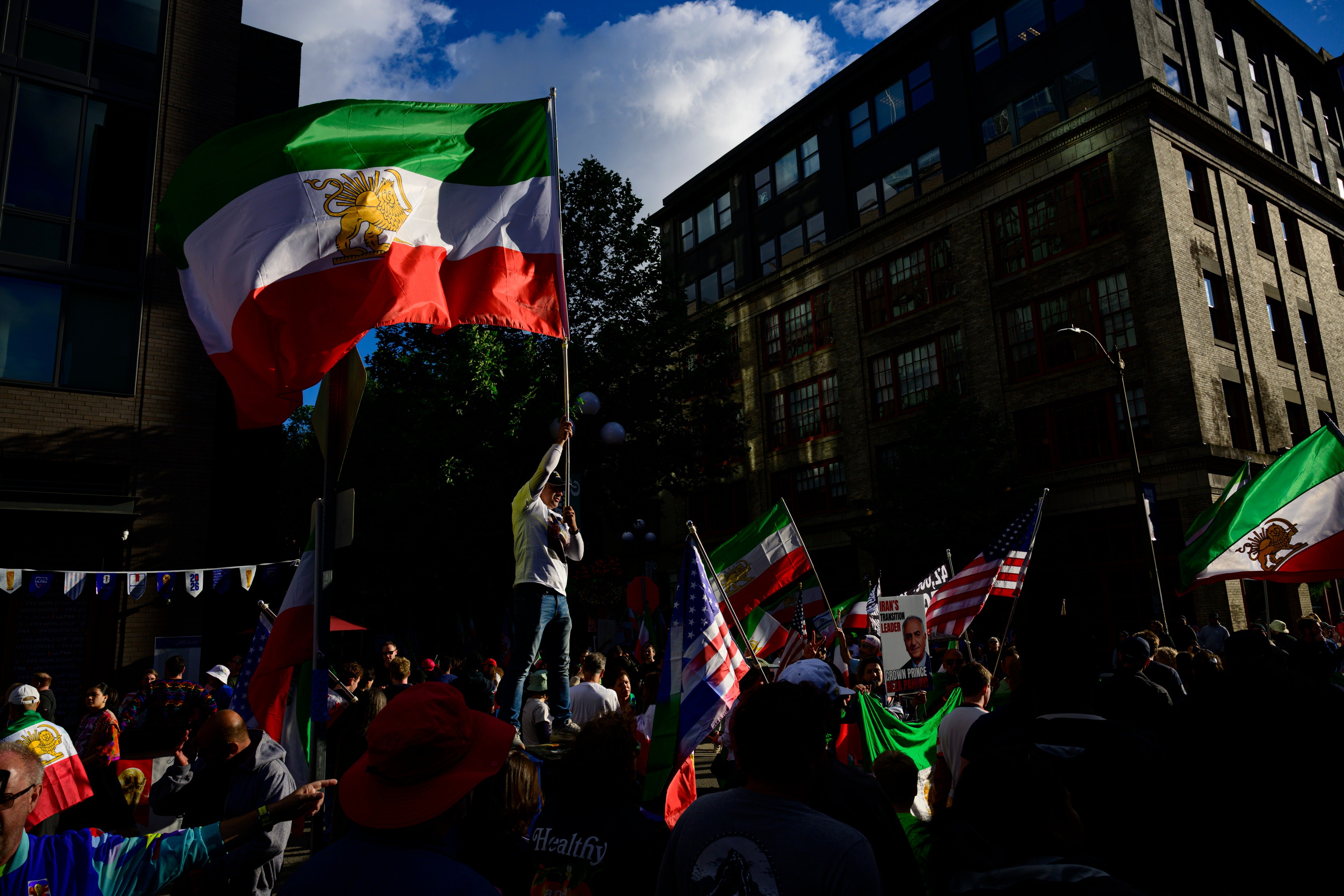 Iranian protestors wave the pre-revolutionary flag