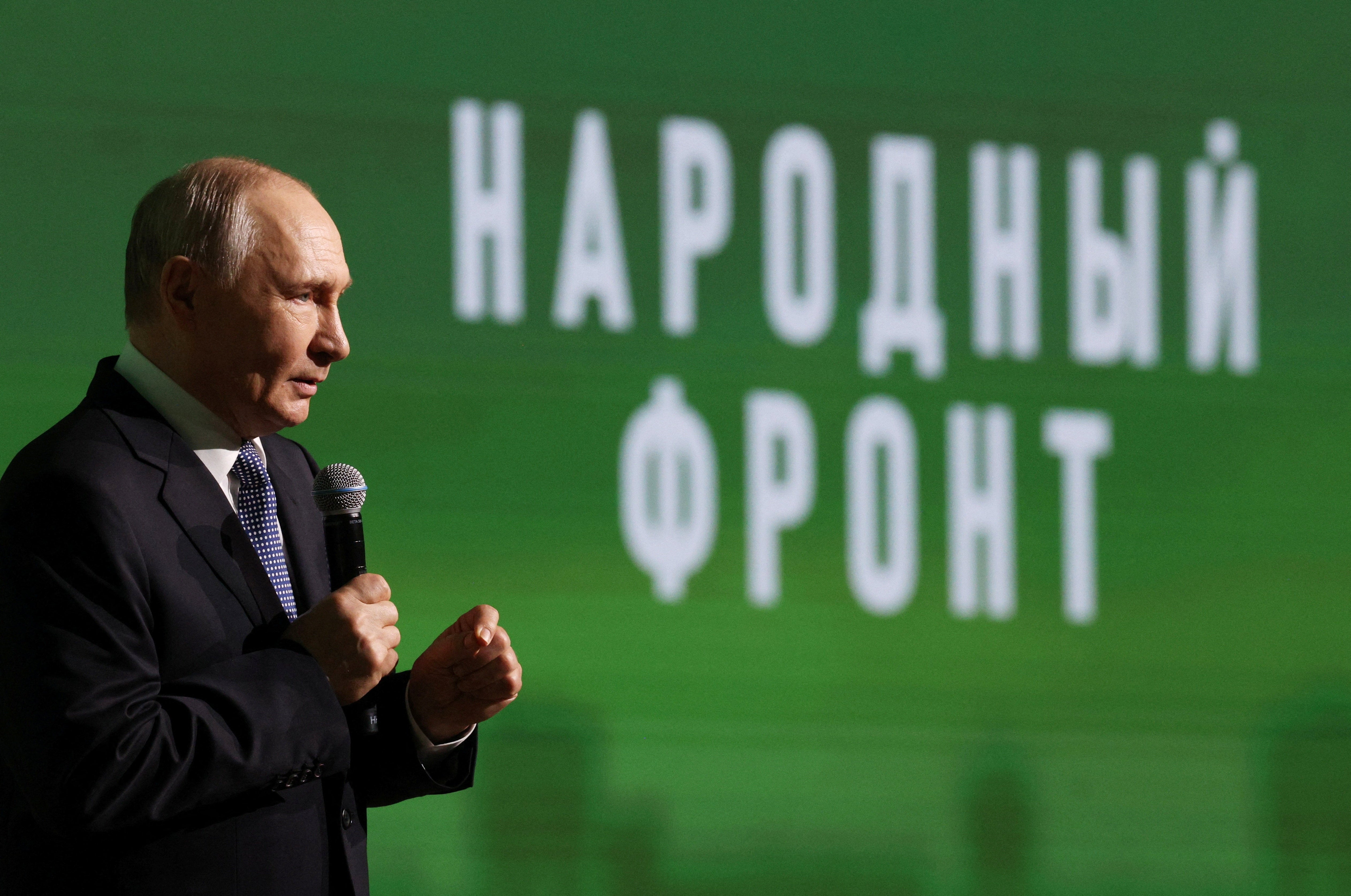 Russian president Vladimir Putin takes part in the forum ‘Everything for Victory’ organised by People's Front in Moscow
