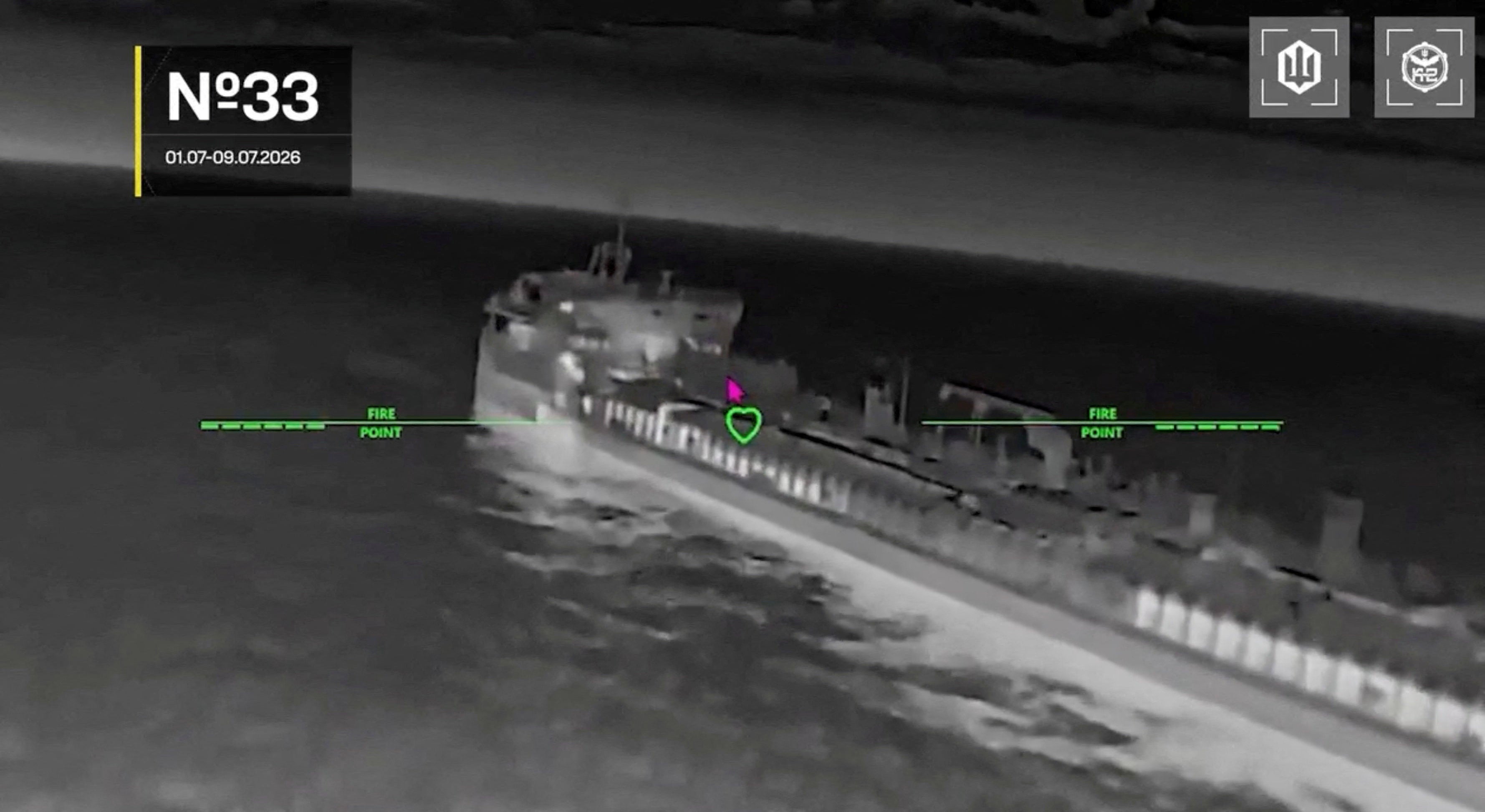 Ukrainian UAVs' hit, what the Ukranian military say, was a Russian tanker during a strike at a location given as sea of Azov in this screengrab taken from a handout video (Reuters)