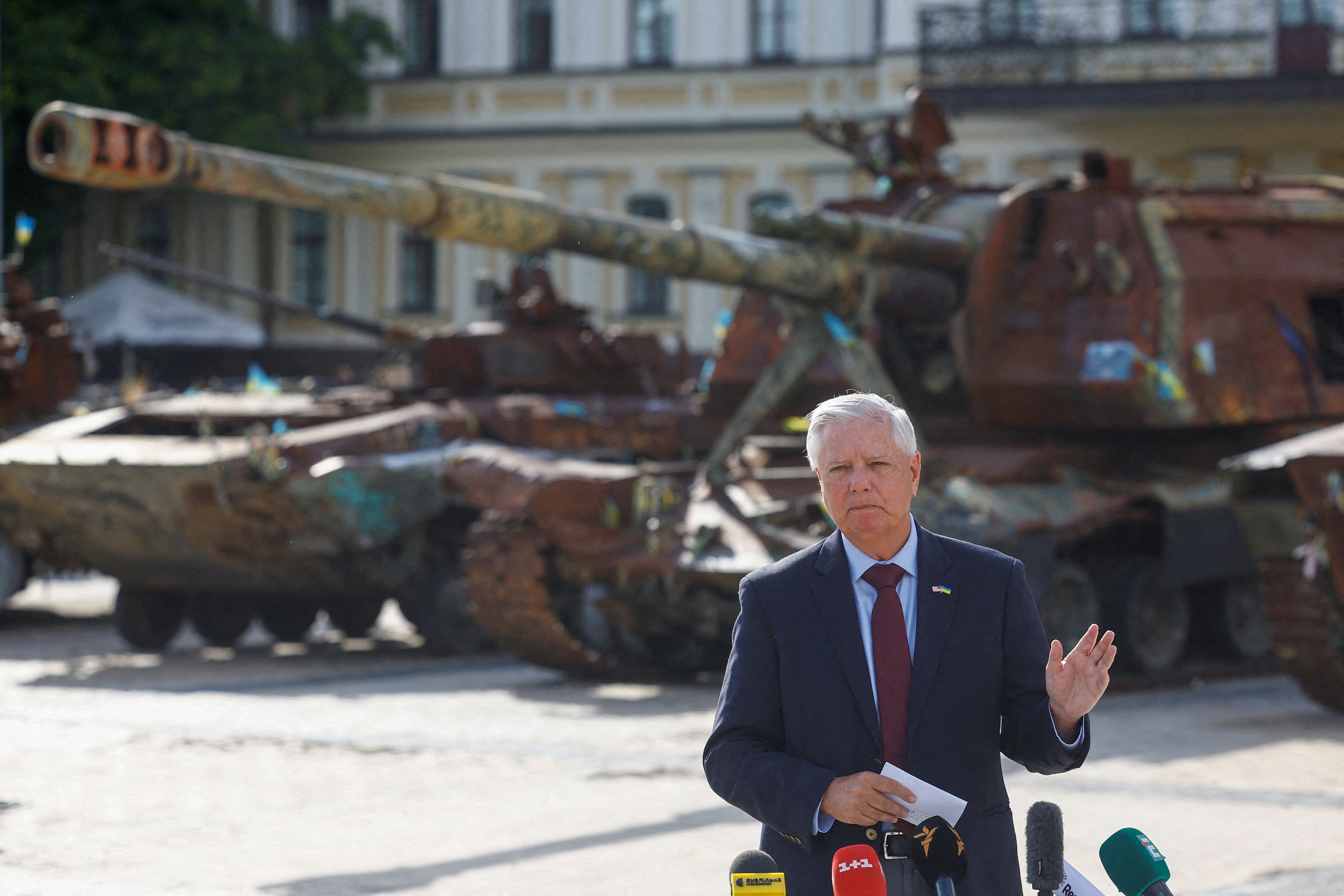 A picture taken on July 10, 2026 shows U.S. Senator Lindsey Graham (R-SC) speaking to the media after his meeting with Ukraine's President Volodymyr Zelensky