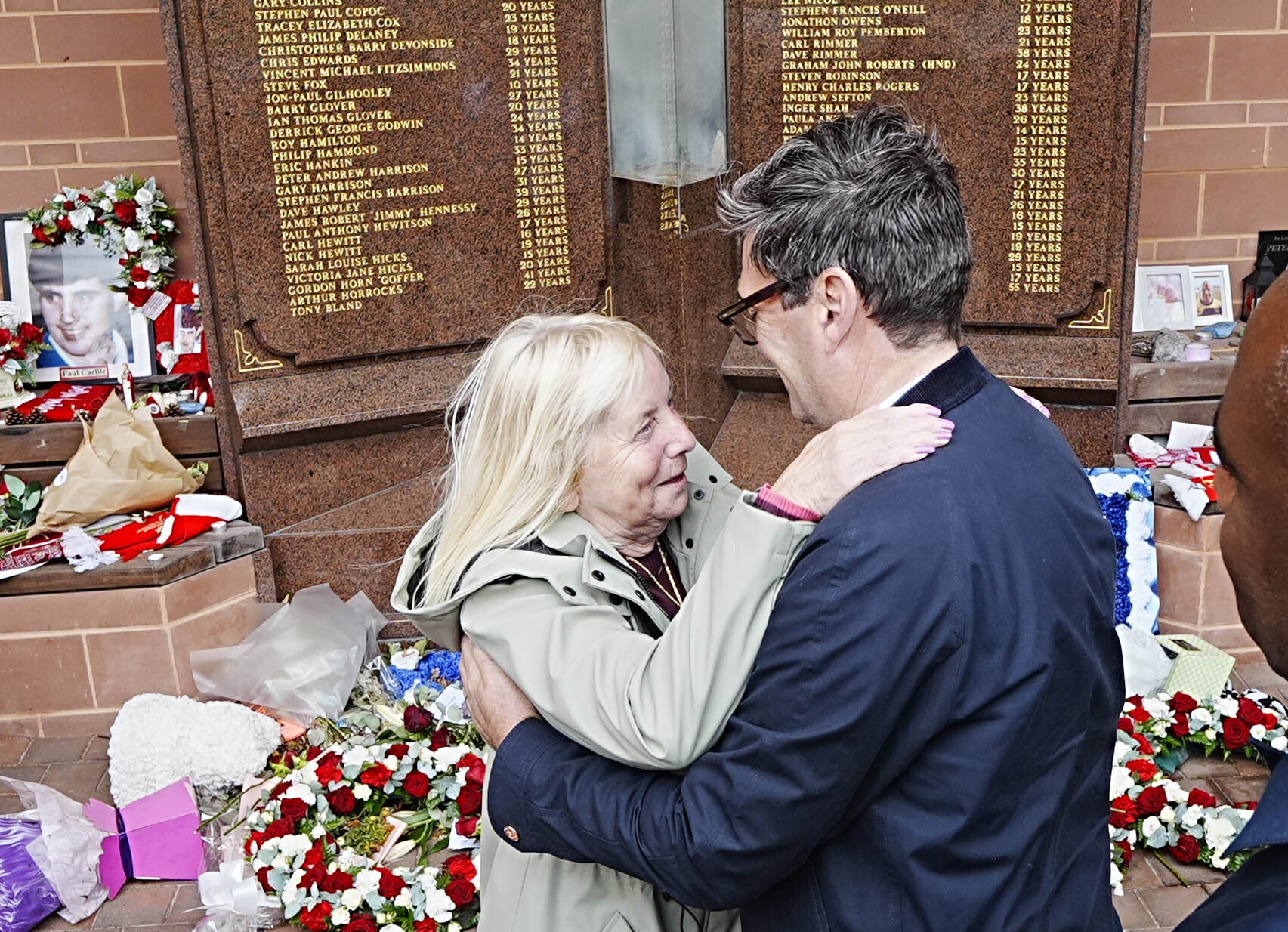 Andy Burnham with Hillsborough campaigner Margaret Aspinall at the memorial at Liverpool’s Anfield stadium