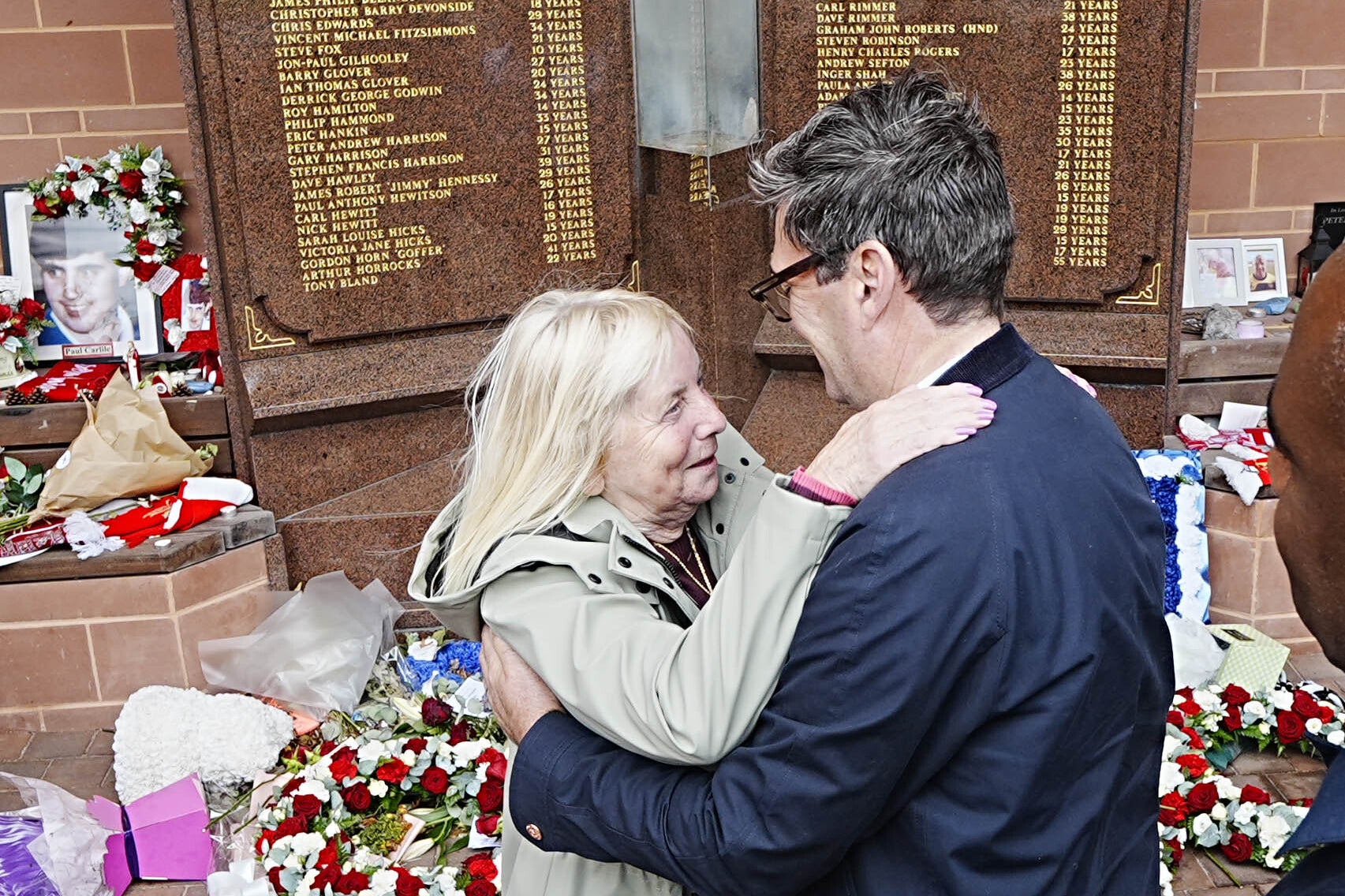Andy Burnham with Hillsborough campaigner Margaret Aspinall at the memorial at Liverpool’s Anfield stadium (PA Archive)