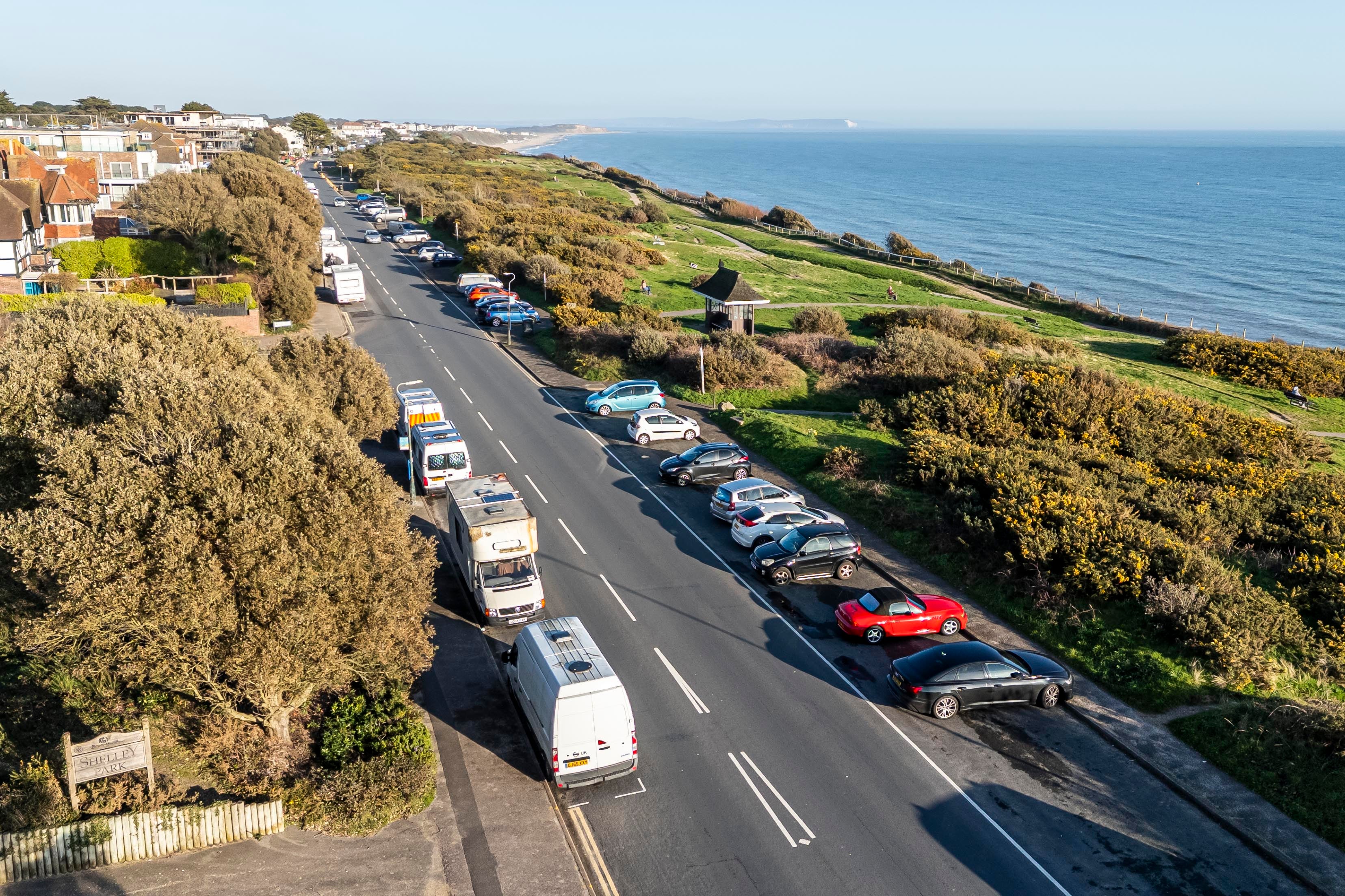Caravans on cliff top road in Bournemouth, Dorset
