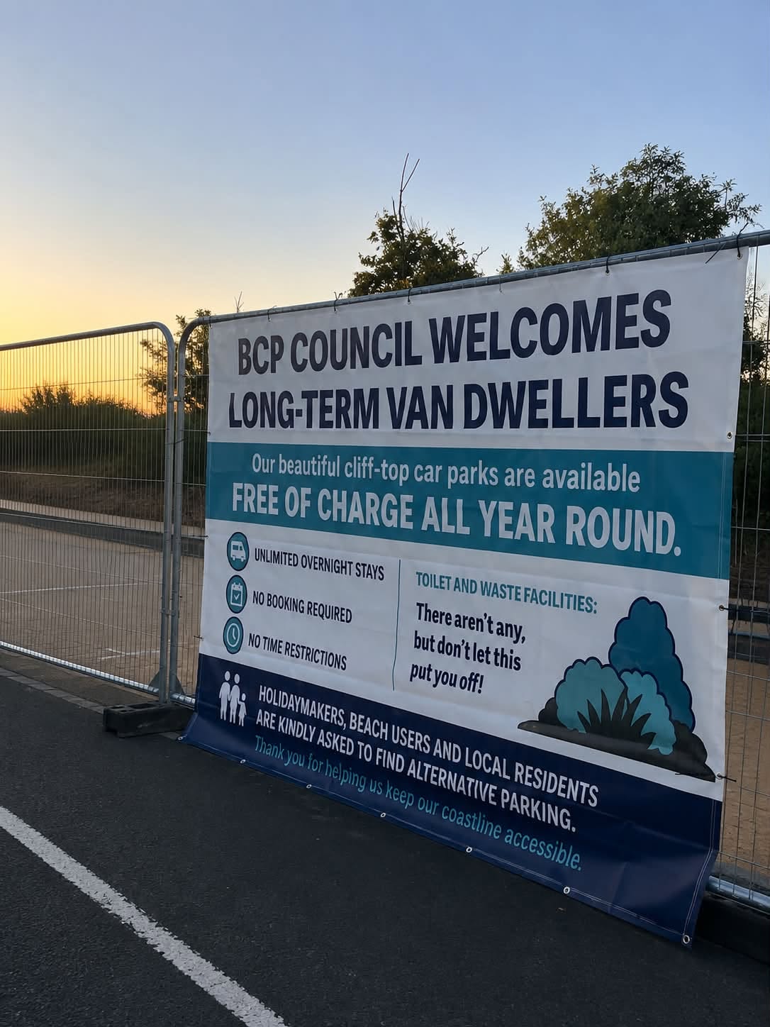 Passive aggressive banner saying council 'welcomes long-term van residents'