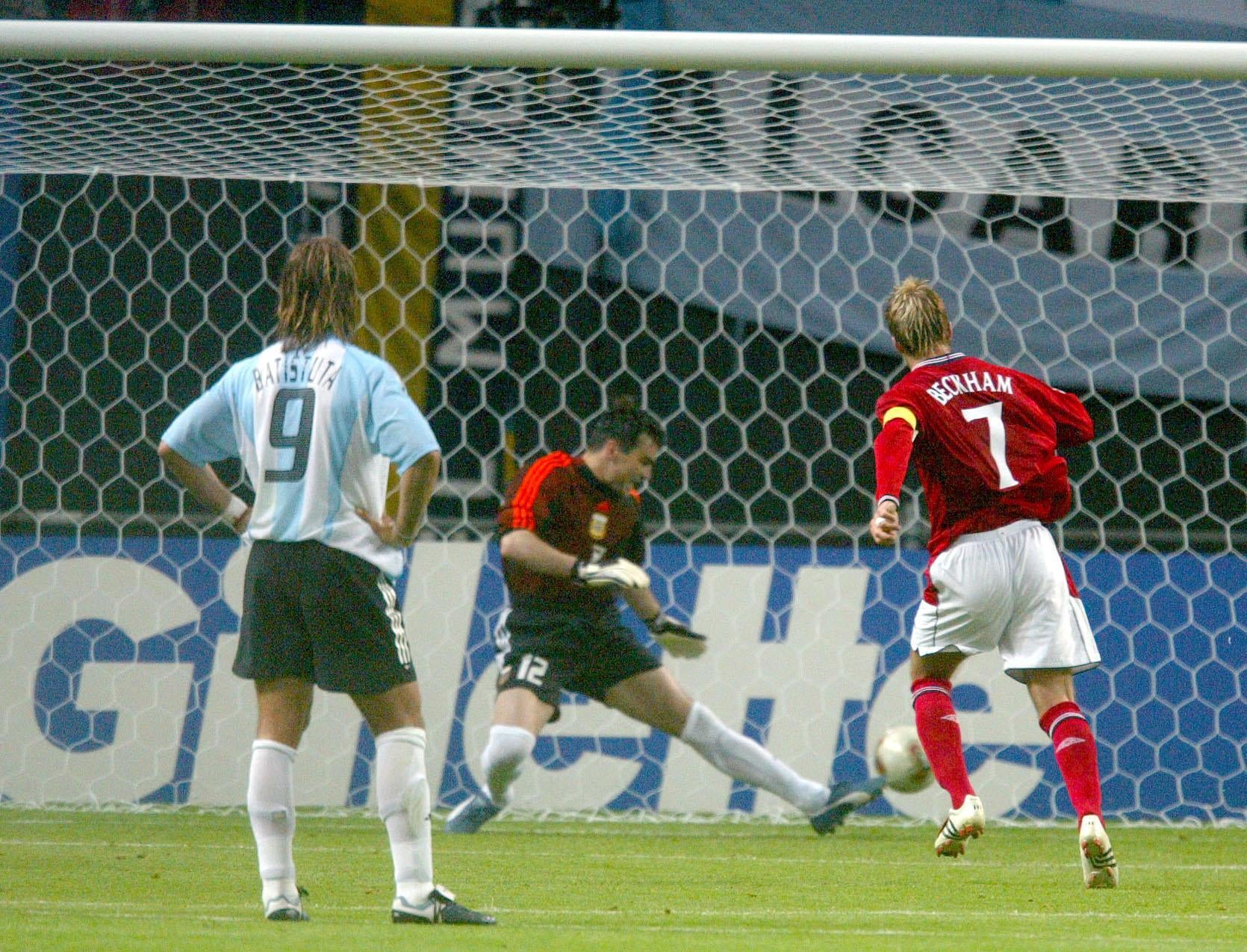 Beckham got a small measure of redemption by scoring a penalty against Argentina at the 2002 World Cup in Sapporo (PA)
